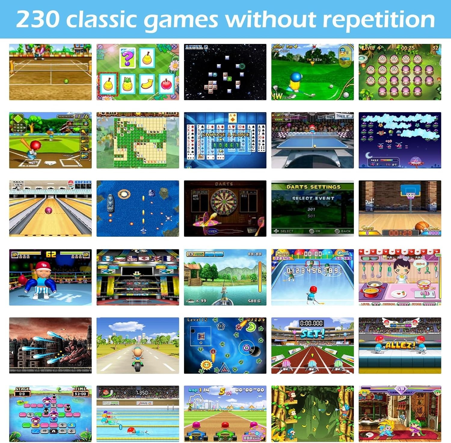 Blue 16-bit Handheld Game Console with 3″ HD Screen, 230 Games & 3 Cartridges