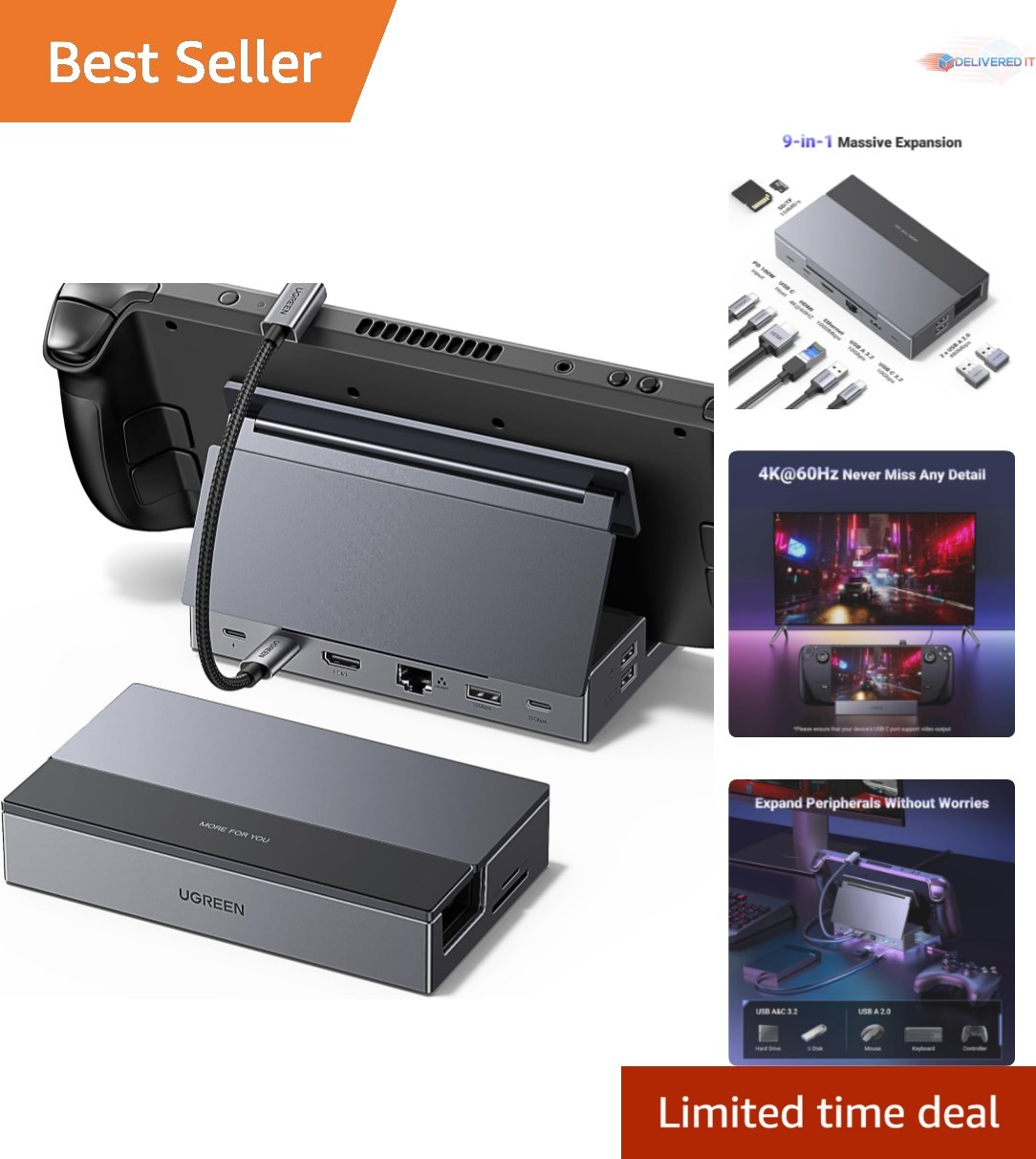 USB C Docking Station 9-in-1 HDMI Ethernet 4K@60Hz USB 3.2 PD 100W for Gaming