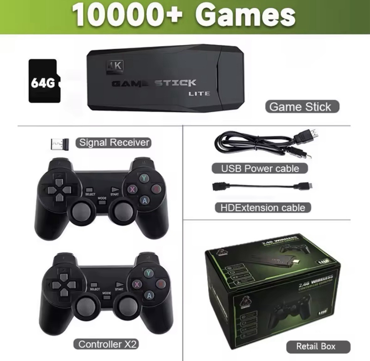 TV STICK HDMI 4K 64 GIGA 2 CONTROLLER CONSOLE 10000 GAMES RETRO PREINSTALLED