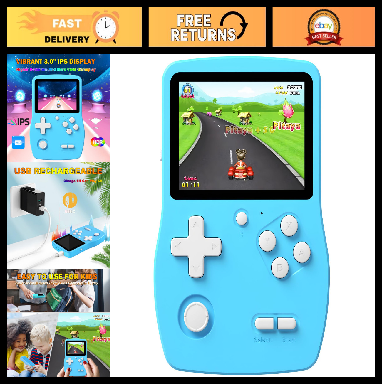 32 Bit Handheld Game Console – 139 Preloaded Video Games, 3.0″ IPS Screen, Porta