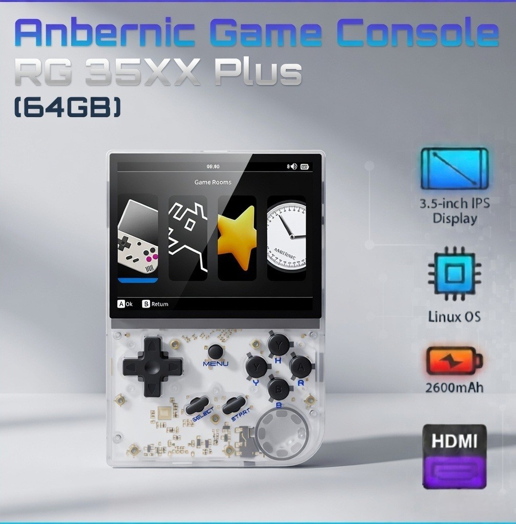 Anbernic RG35XX Plus 64GB Clear White Handheld Quad Core Gaming Console Retro