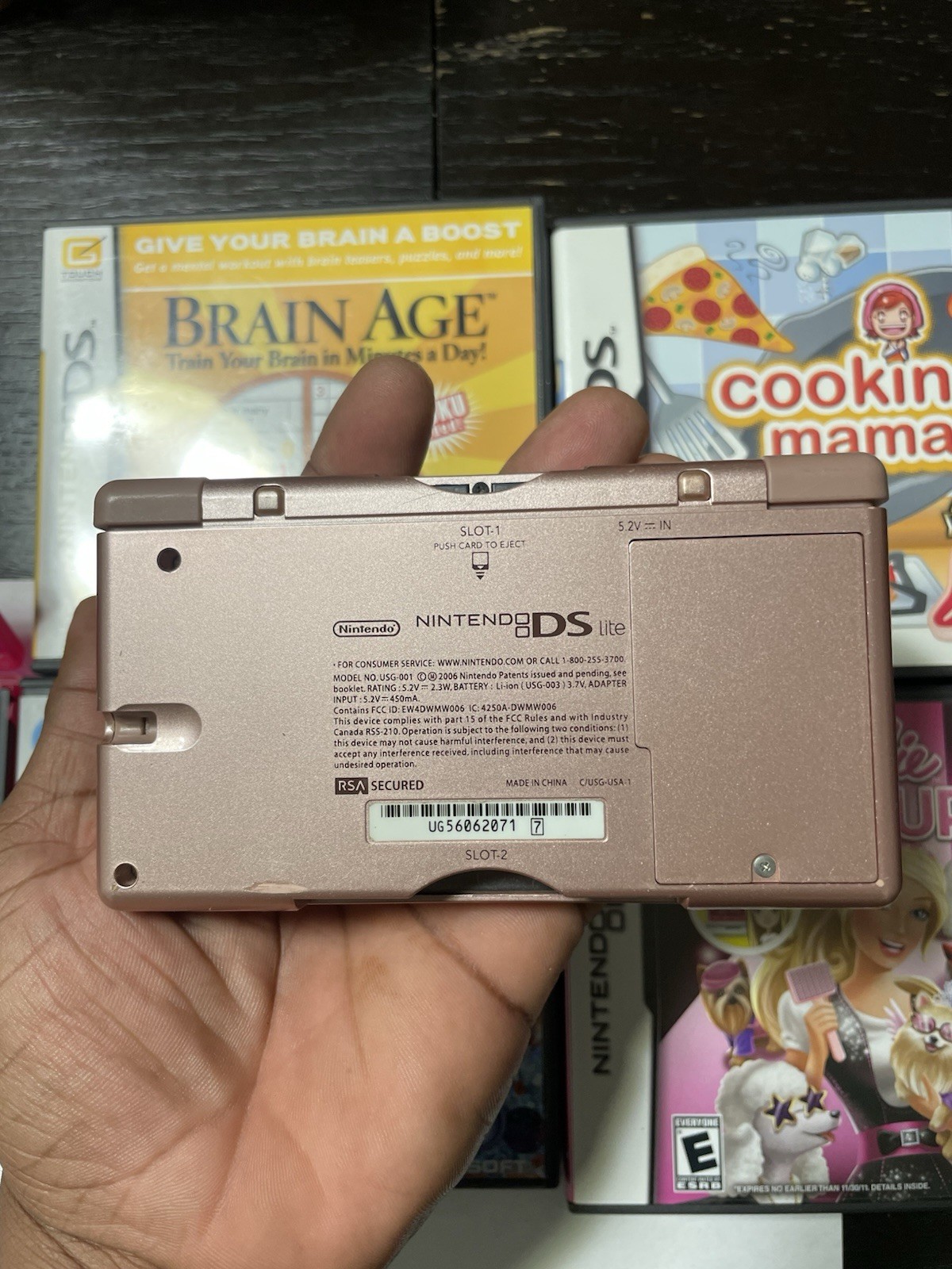 Nintendo DS Lite Handheld Console Lot 7 Games No Charger or Stylus Pink