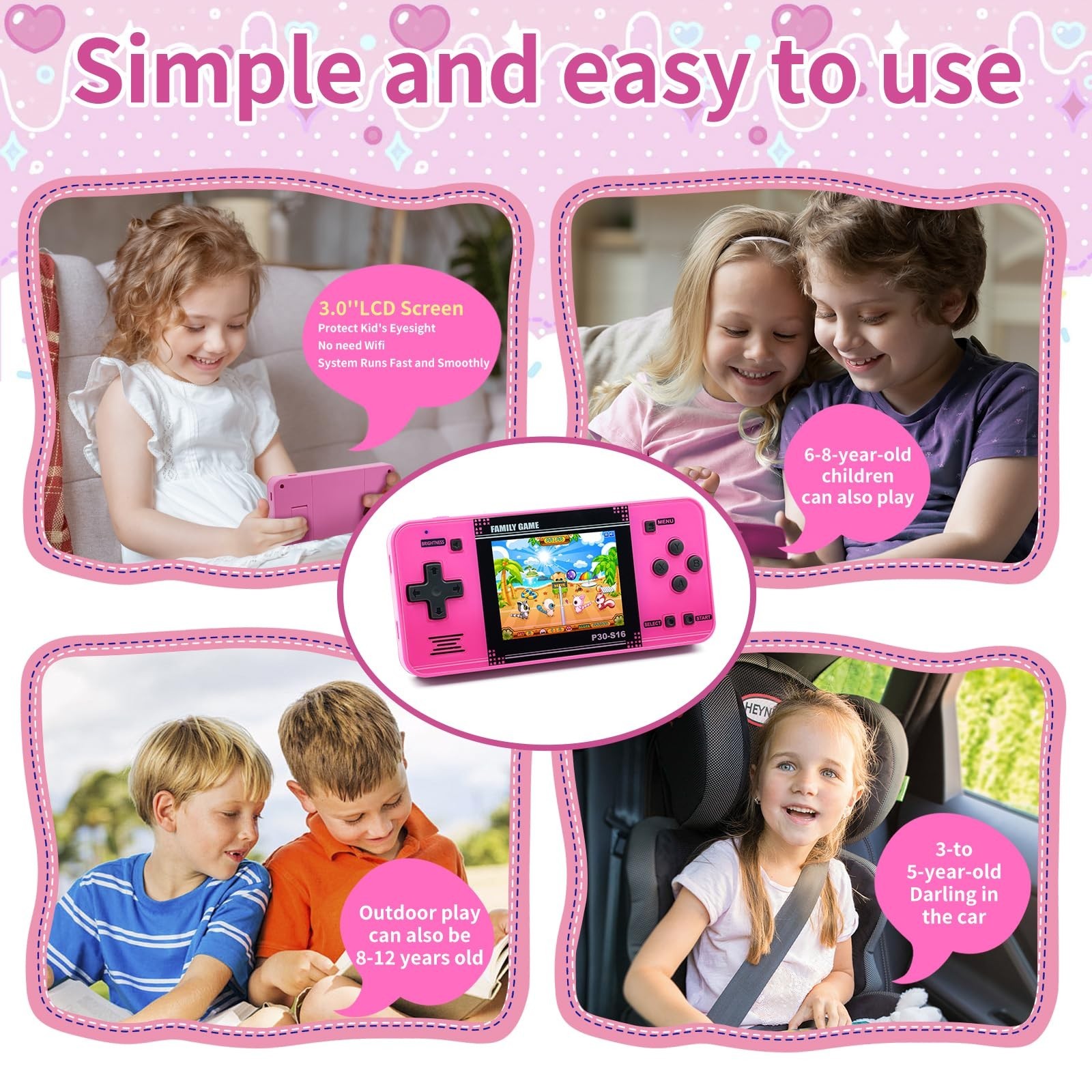 Portable Handheld Game Console – 220 Retro Games, Rechargeable, 3.0″ LCD Screen,