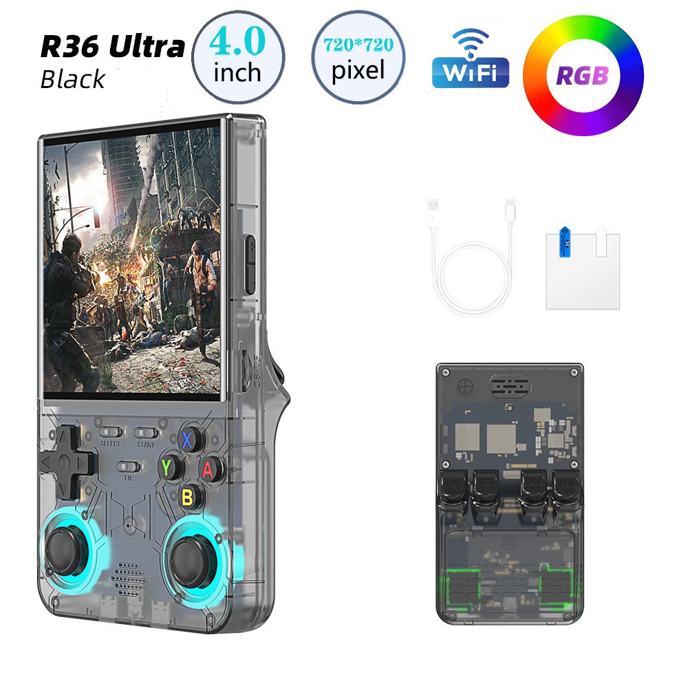 Black R36 Ultra Handheld Game Console 4 Inch IPS Screen 20000+ Video Games 128GB