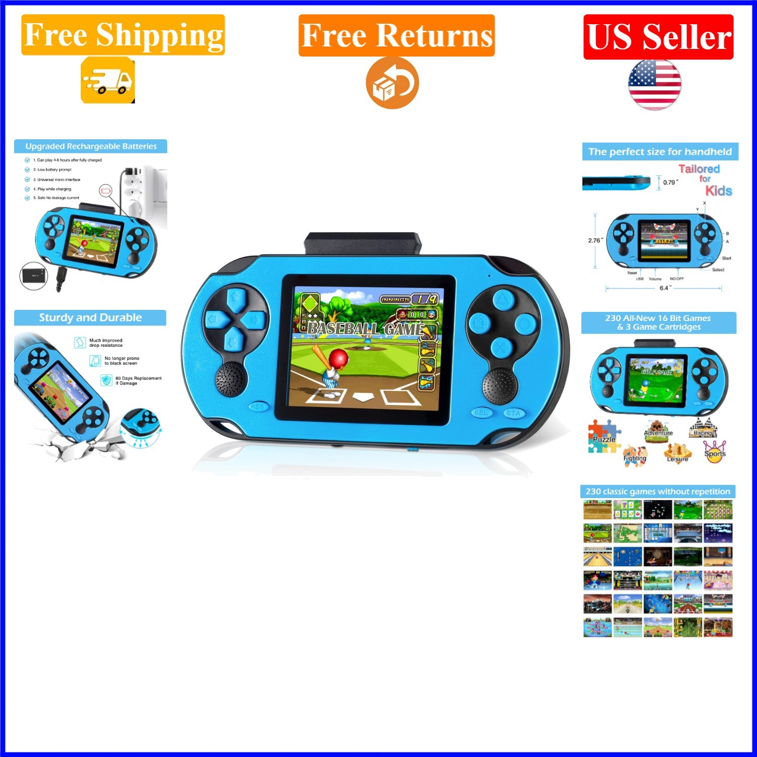 Blue 16-bit Handheld Game Console with 3″ HD Screen, 230 Games & 3 Cartridges