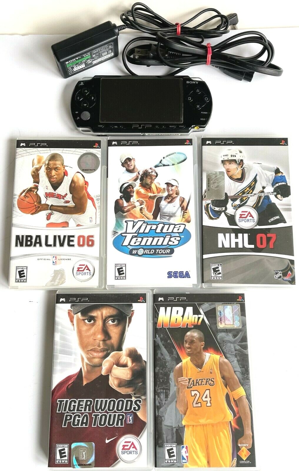 SONY PSP 2001 SLIM PIANO BLACK HANDHELD CONSOLE BUNDLE & 5 COMPLETE SPORTS GAMES