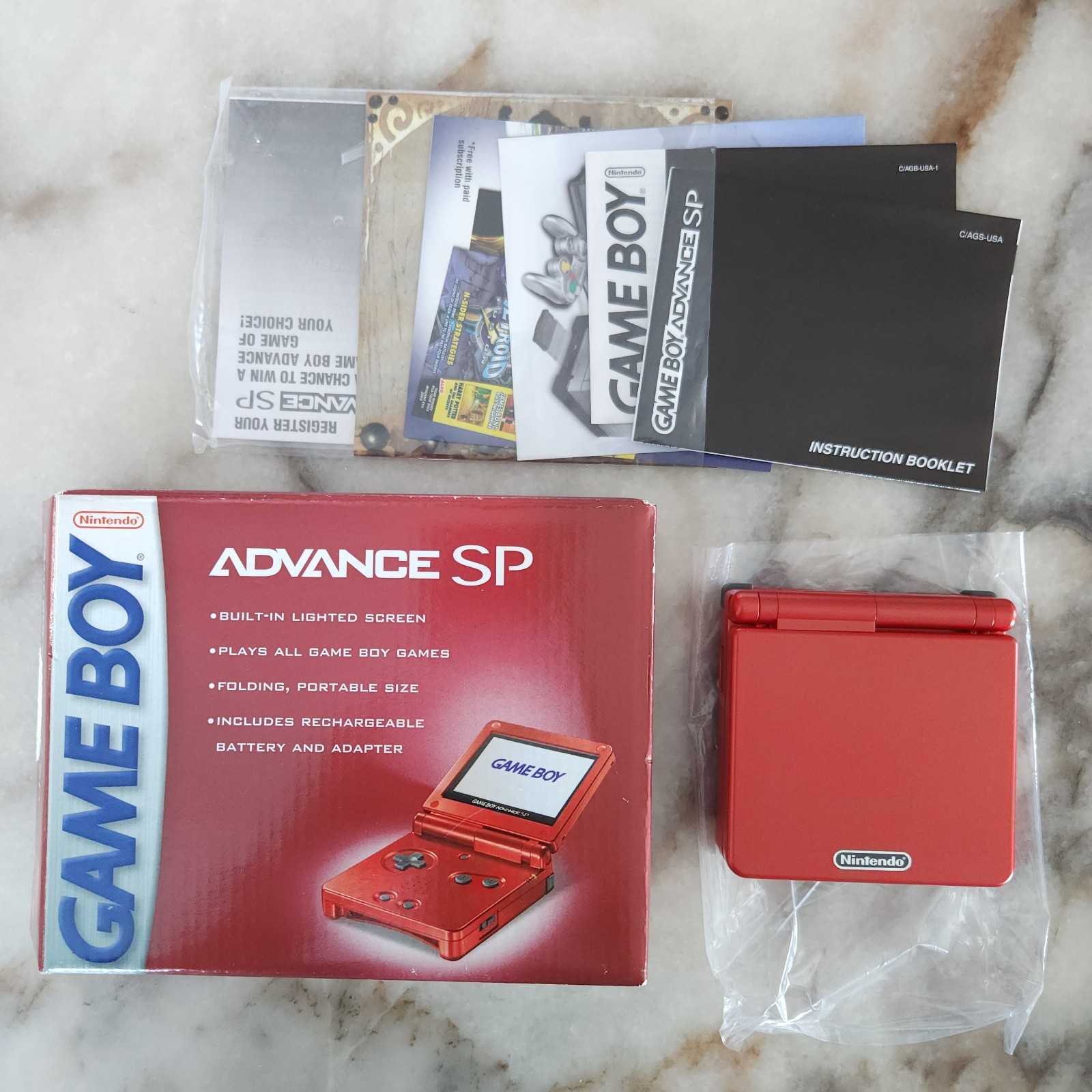 Game Boy Advance GBA SP AGS 001 Flame Red CIB NEVER USED