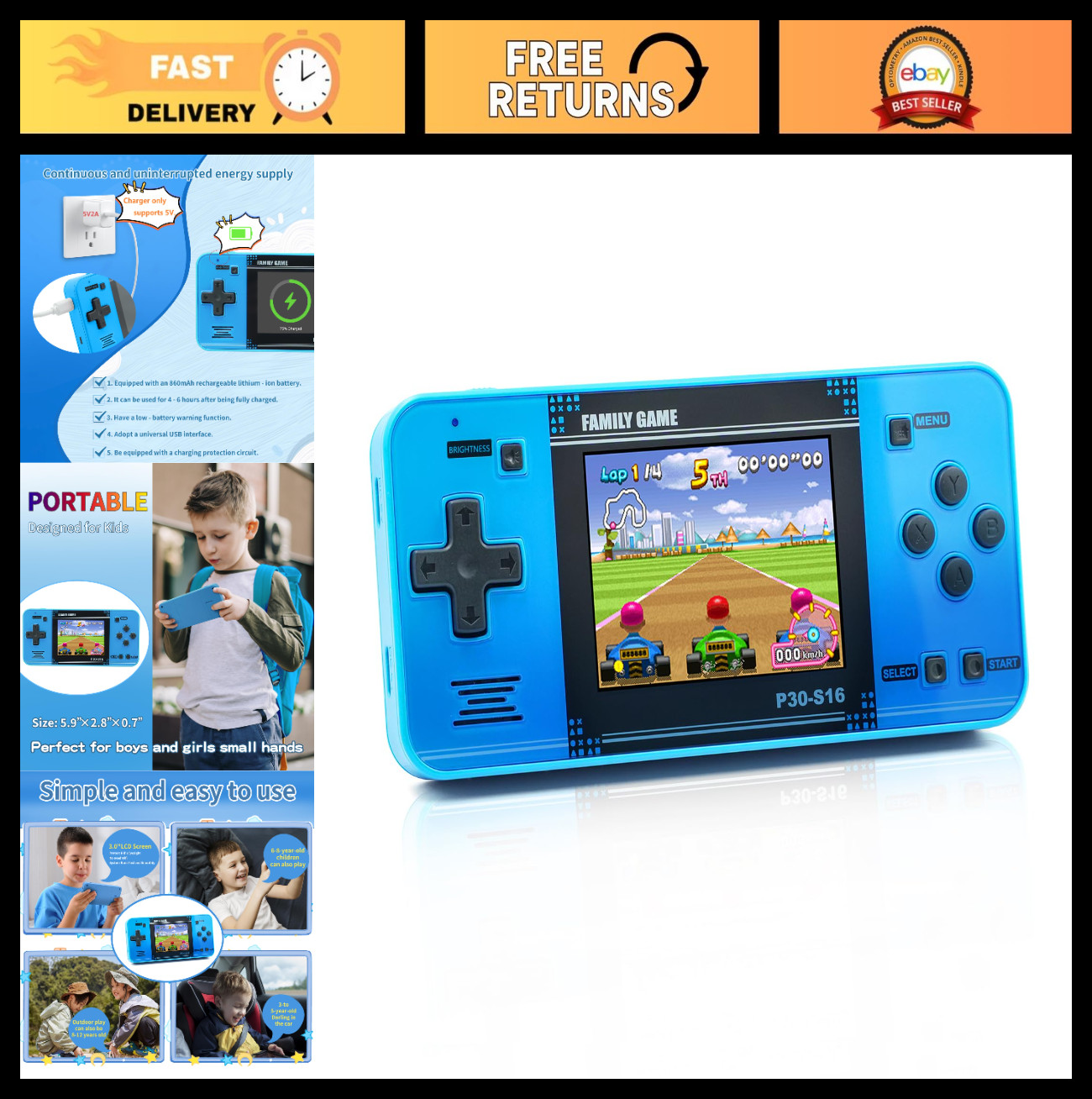 Portable Handheld Game Console – 220 Retro Games, Rechargeable, 3.0″ LCD Screen,
