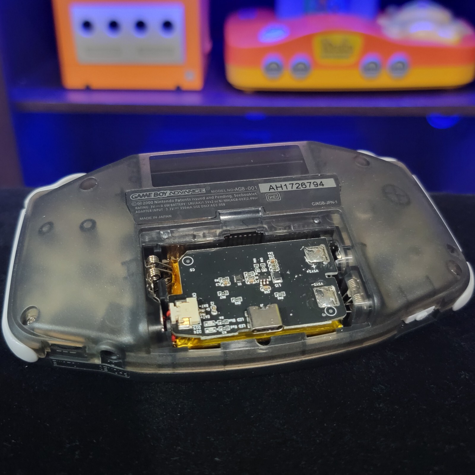 Smoke Grey Game Boy Advance GBA iPS LCD USB-C 1800 mAh Rechargeable Battery