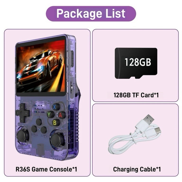 ZYTKWT R36S Handheld Game Console 3.5 IPS Screen 20000+ Games 128GB Purple