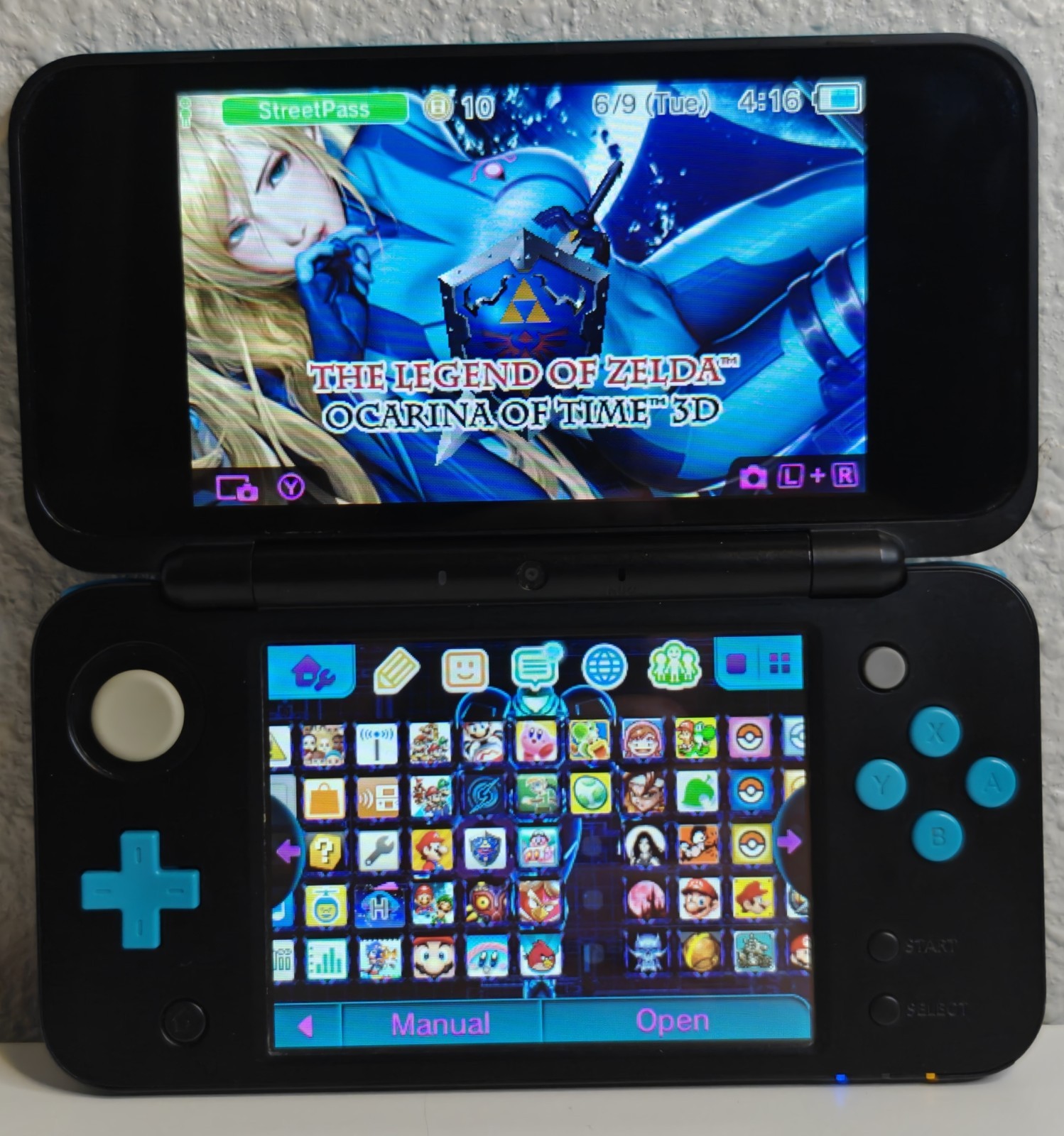 New Nintendo 2DS XL Turquoise/Black W/ Charger & Stylus; Loaded With Games