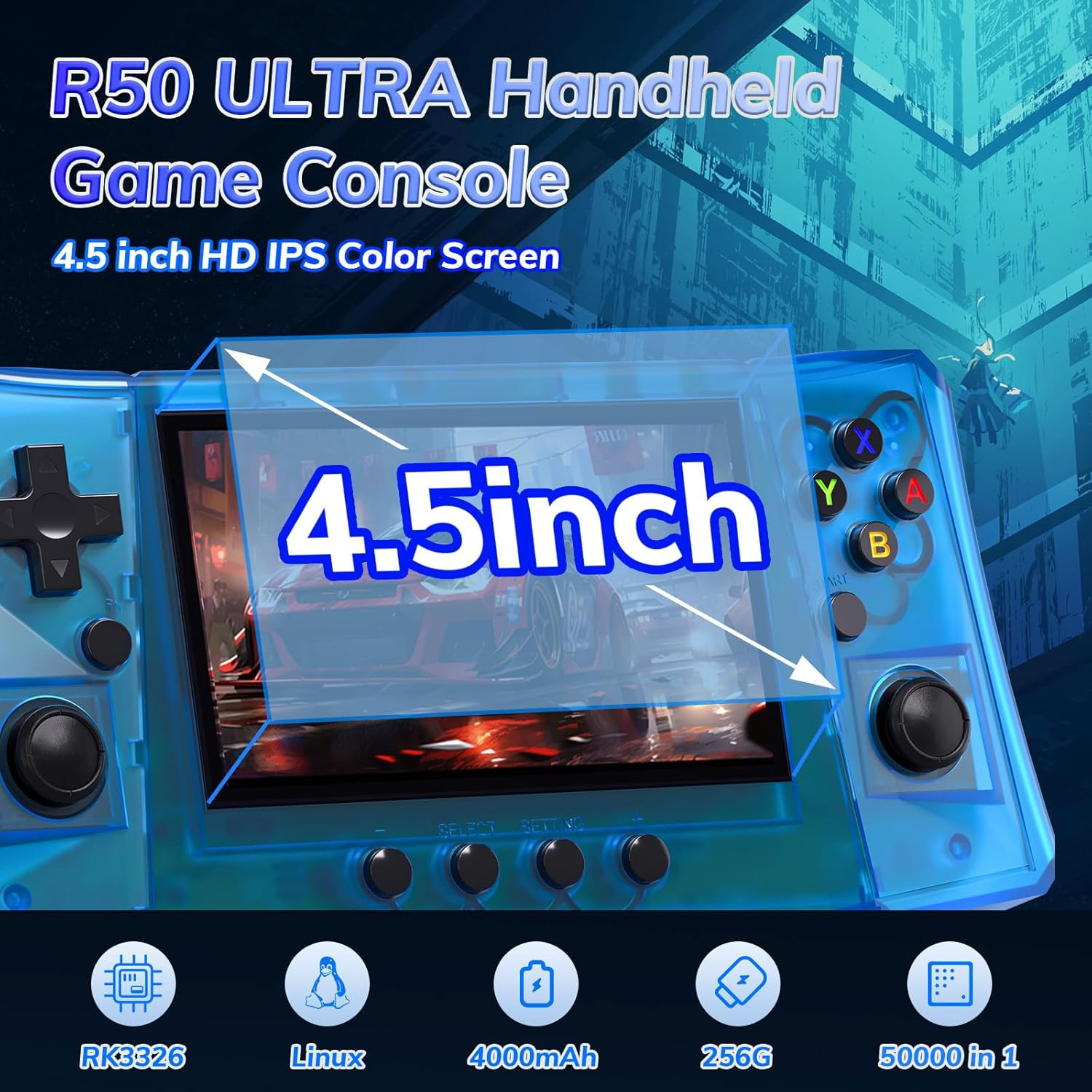 [50000 in 1] R50S Ultra Handheld Game Console 4.5 Inch IPS Screen Mini Retro Con