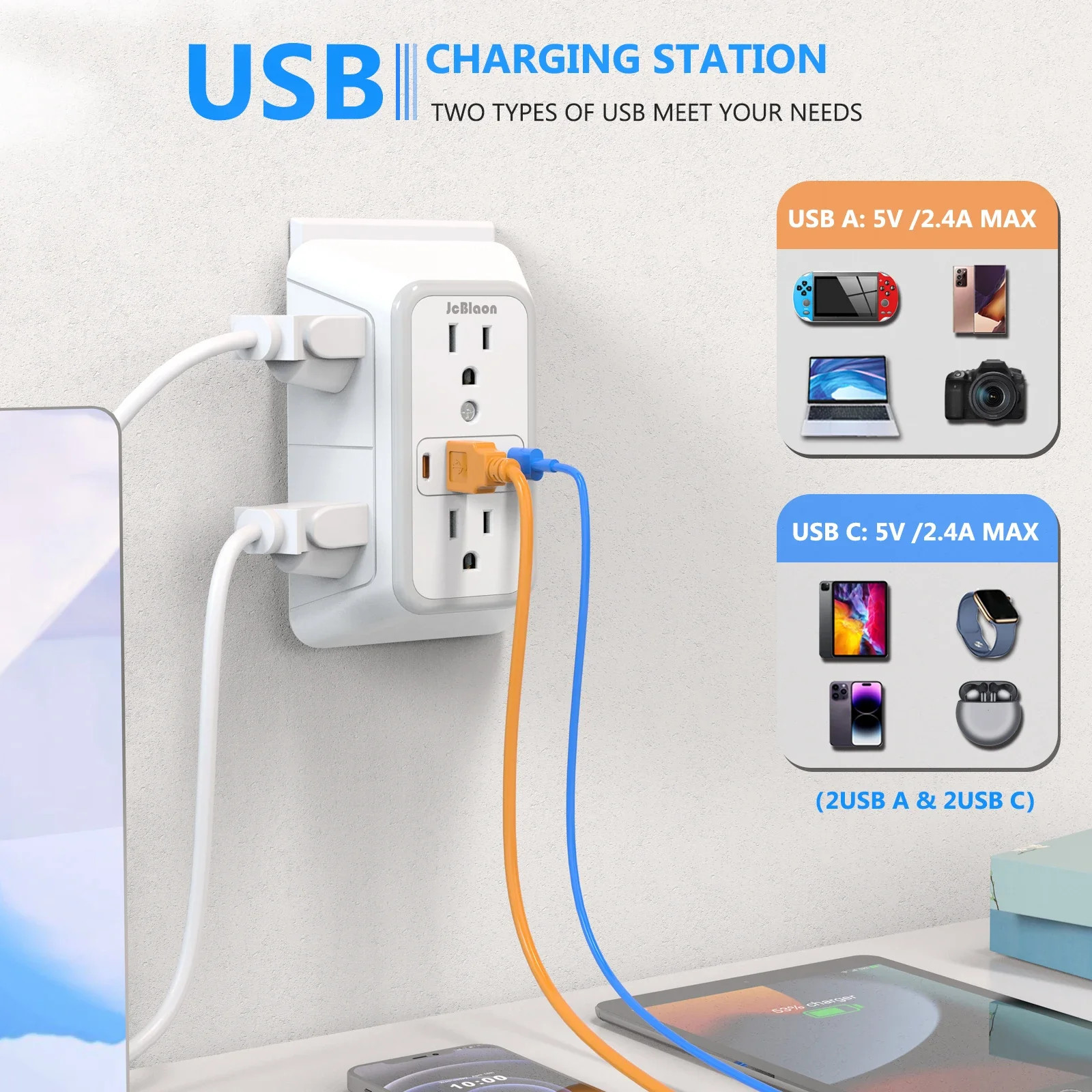 US Multi Socket Wall Socket with 6 AC Outlets 4 USB Port(2 Type C), Universal Pl