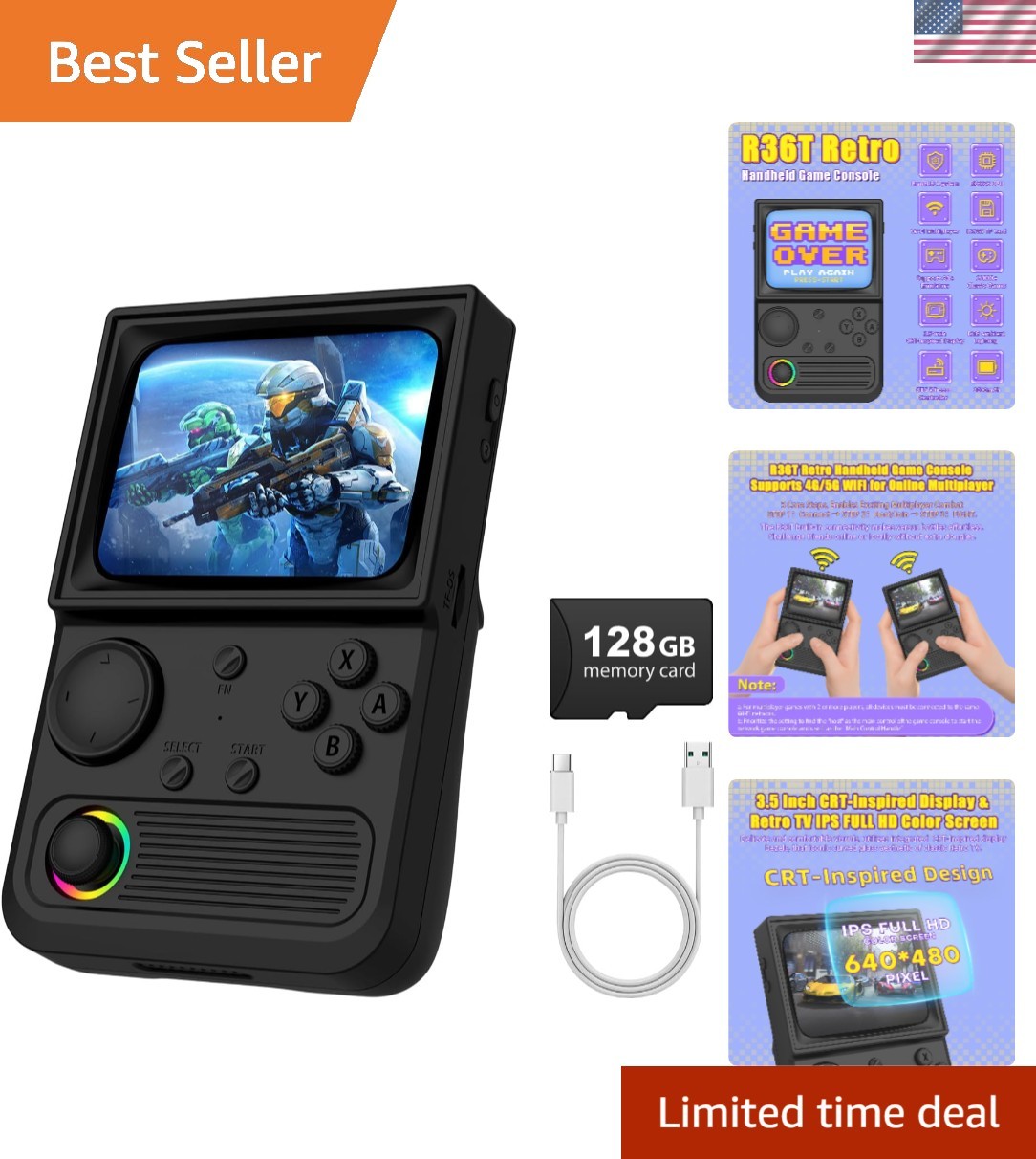 Portable R36T Retro Gaming Console – 3.5” Screen, 3500mAh Battery Life