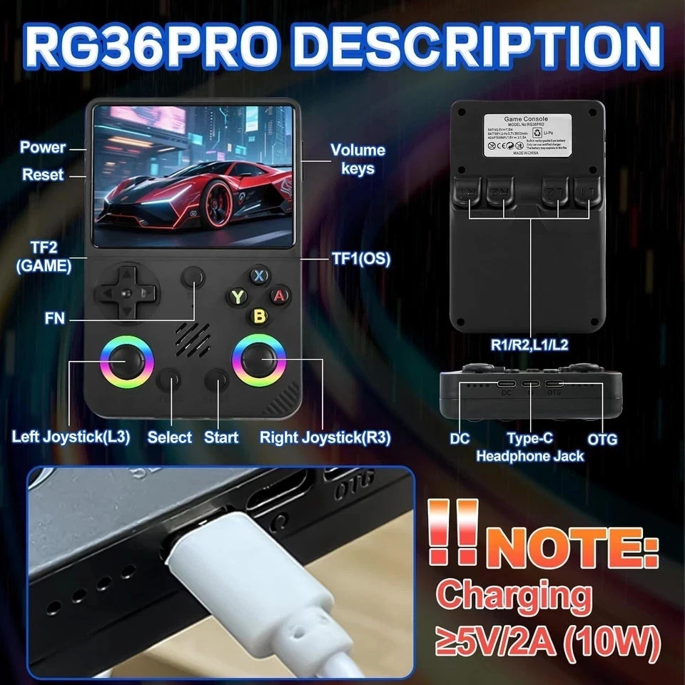RG36 PRO Retro Handheld Game Console Open Source System, 3.5″ IPS Screen 64G TF