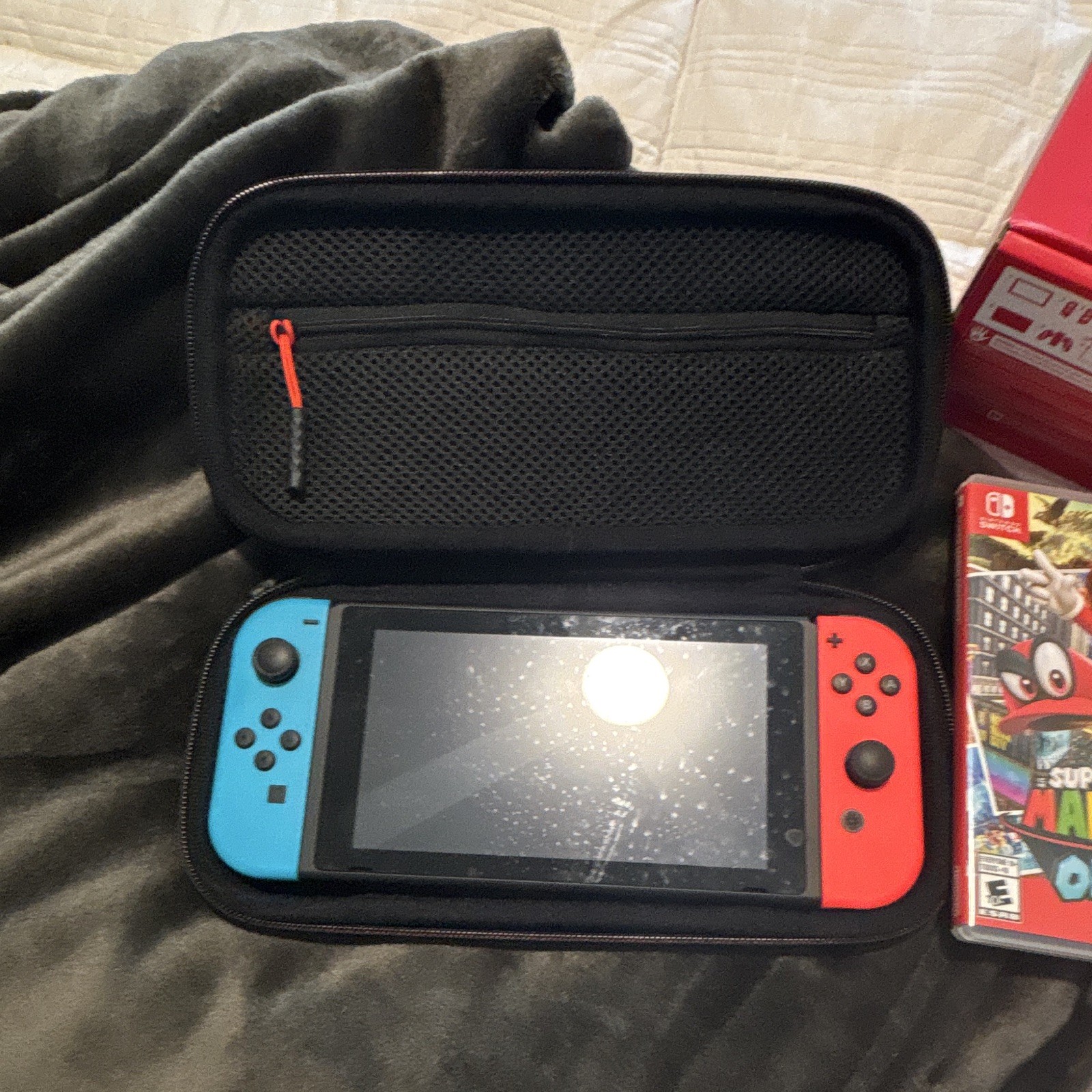 Nintendo Switch HAC-001 Neon Blue/Red Console Bundle w/ Mario Odyssey & MK8