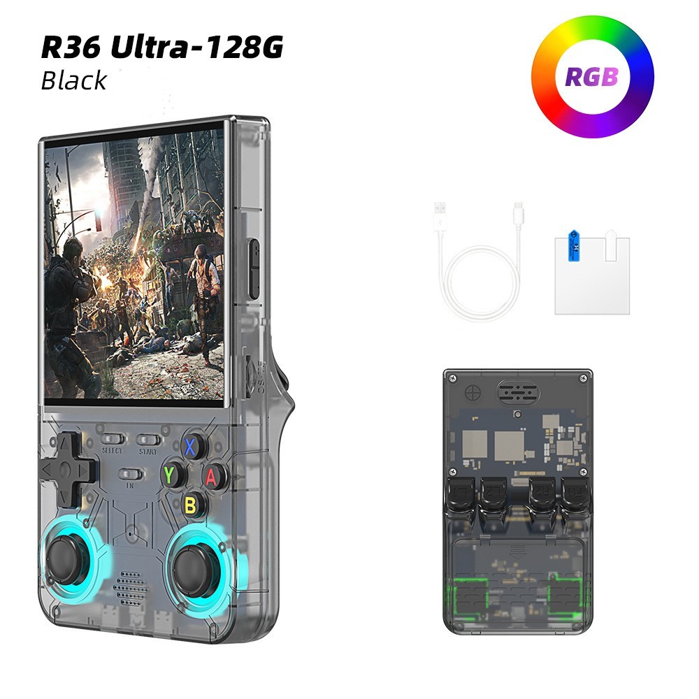 Black R36 Ultra Handheld Game Console 4 Inch IPS Screen 20000+ Video Games 128GB