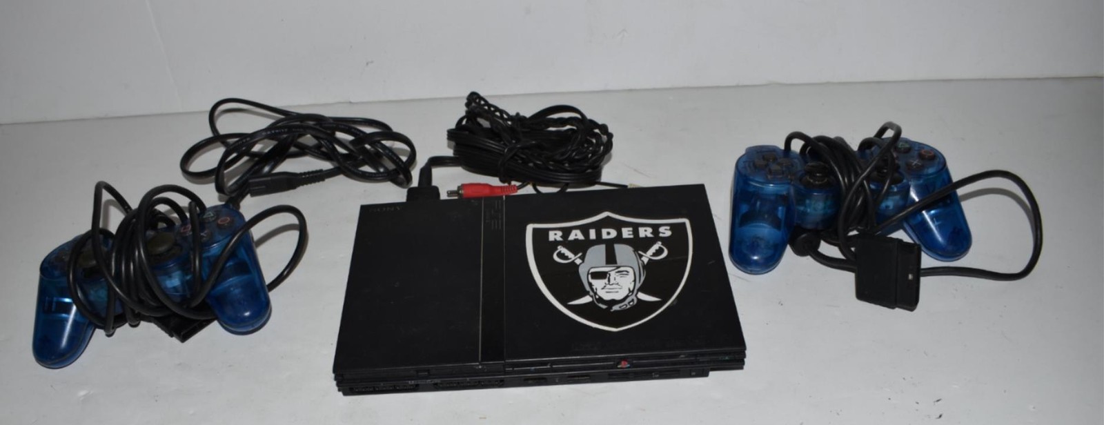 Sony PlayStation 2 Slim PS2 Black SCPH-77001 w/ 2 Ocean Blue Controllers(PLB4)