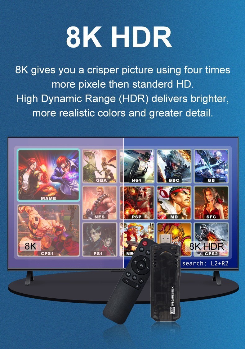 8K 64G HDMI TV Video Game Stick X8 Gaming Console Gamepad 2 Wireless Controller