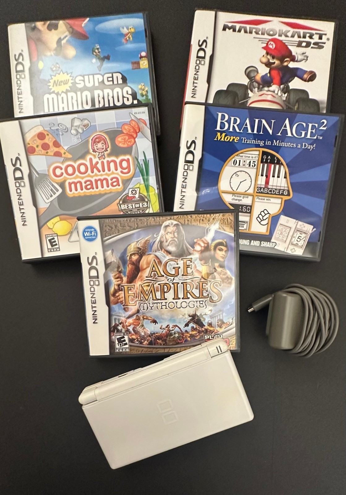 Nintendo DS Lite White Bundle w/ Charger + Mario Kart DS + New Super Mario Bros