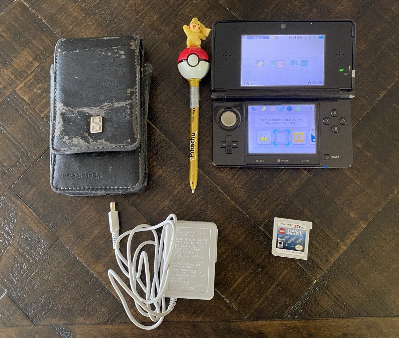 Nintendo 3DS Black Handheld Console W/Charger, Game, Case and Pikachu Stylus USA