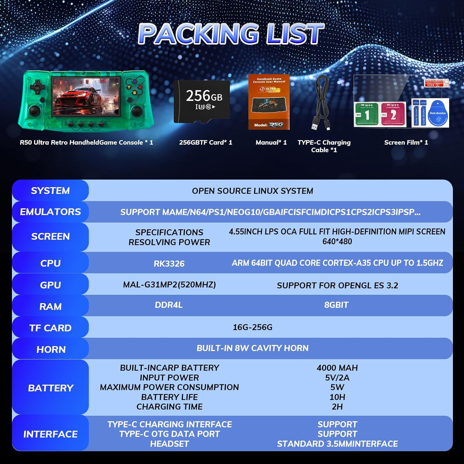 【50000 in 1】 R50 Ultra Handheld Game Console 4.5 Inch IPS Screen Mini Retro Cons