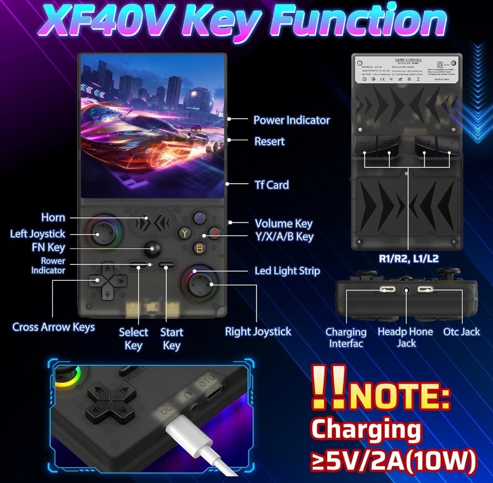 XF40V Retro Handheld Game Console with 2X Detachable Joysticks – 4.0 Inch IPS HD