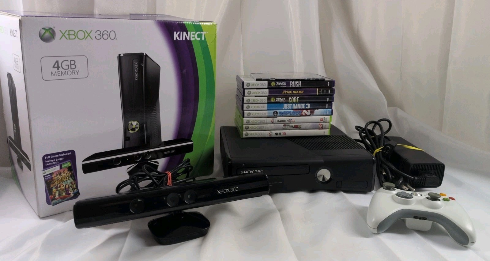 Microsoft Xbox 360 S 4GB Black Console with Power Cord, Kinect, and 9 Games