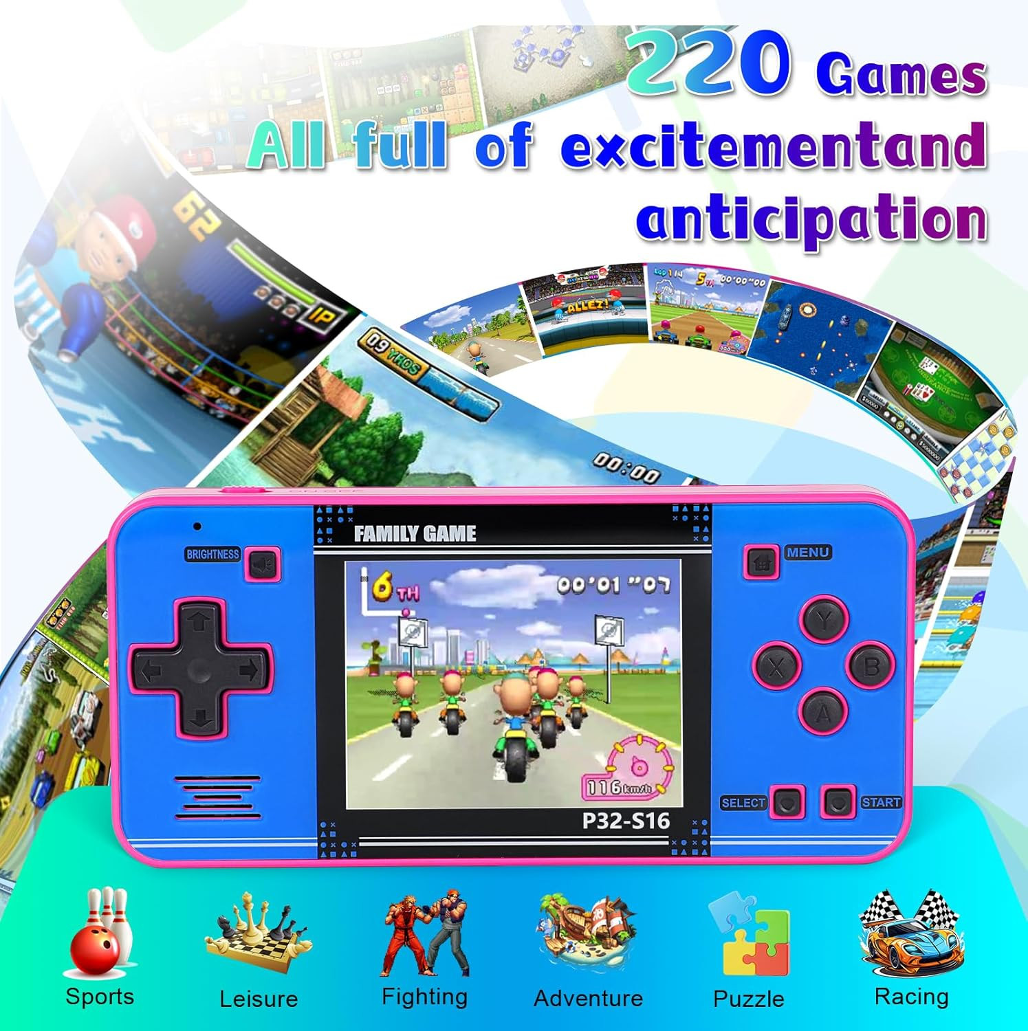 Handheld Game for Kids Built-In 220 32-Bit Video Games, 3.0” IPS Screen