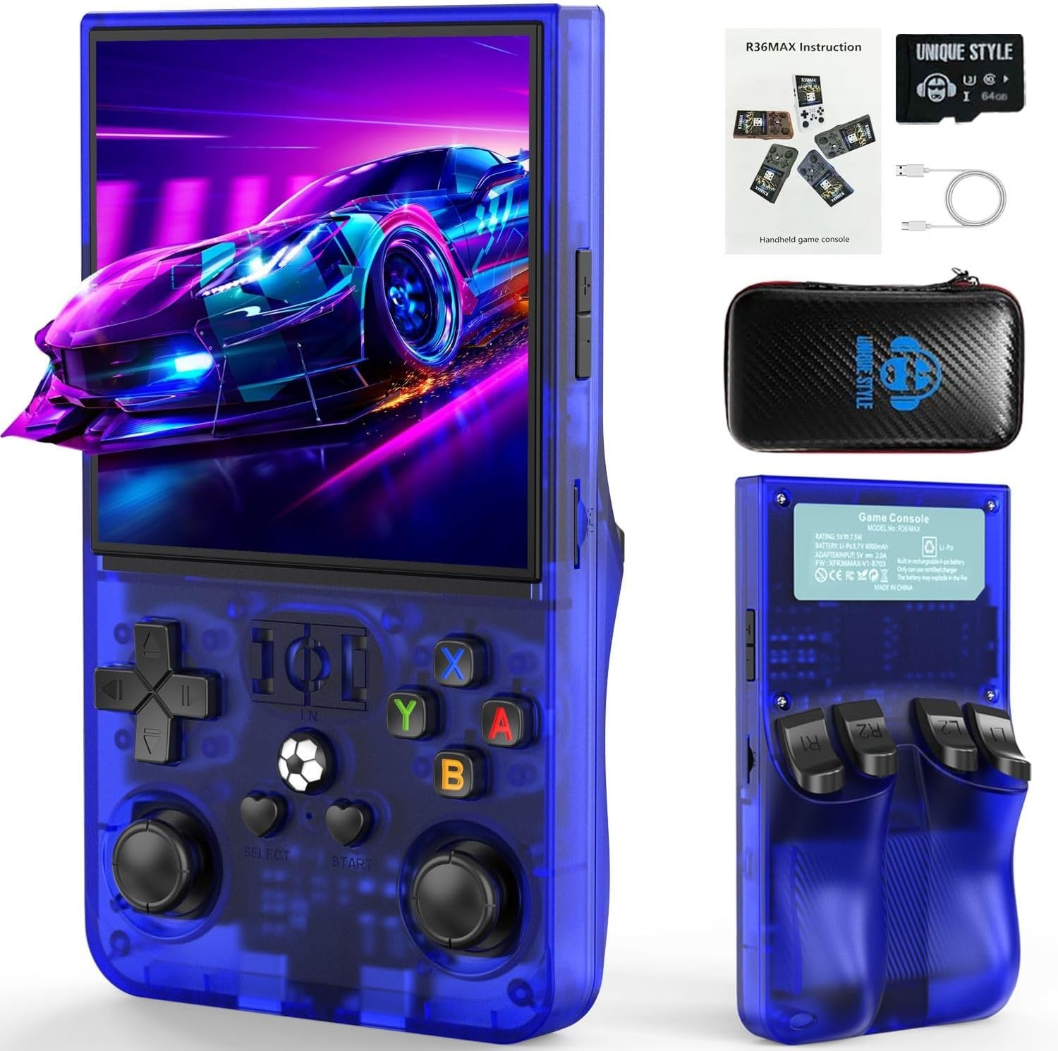 R36MAX Retro Gaming Console, 30+ Emulators, 6 Hours Play on 4.0″ Screen, Blue