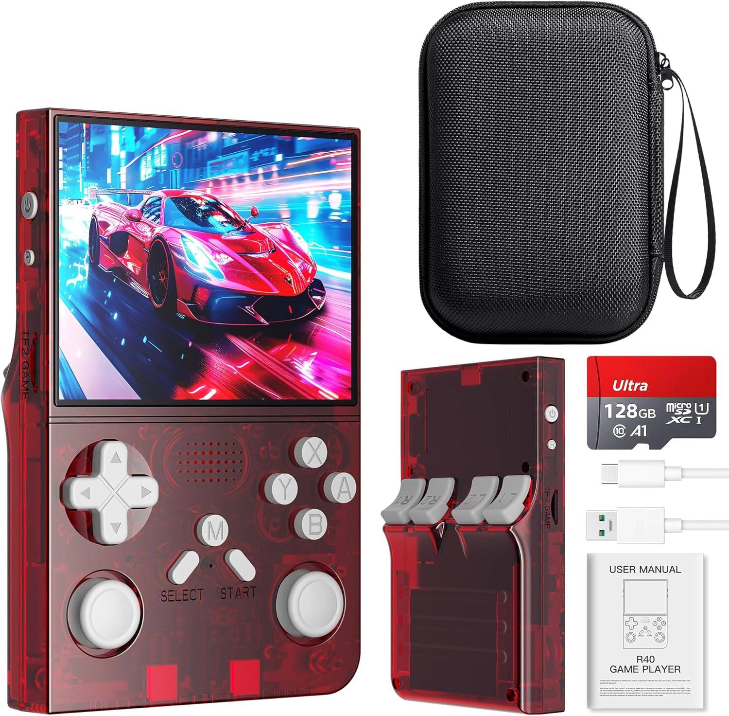 R40 Retro Handheld Game Console with Storage Case – Open Source System,3.5″ IPS