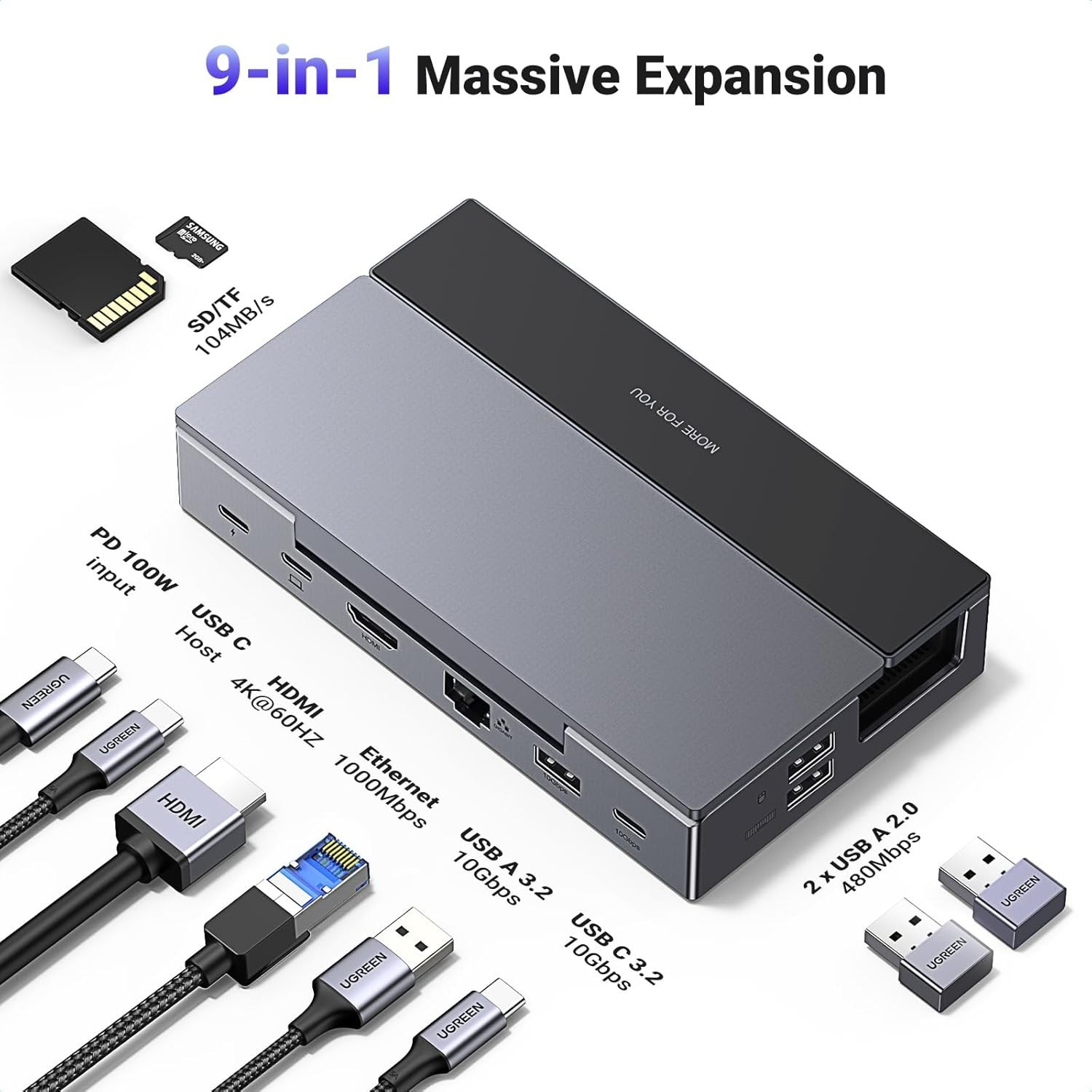 USB C Docking Station 9-in-1 HDMI Ethernet 4K@60Hz USB 3.2 PD 100W for Gaming