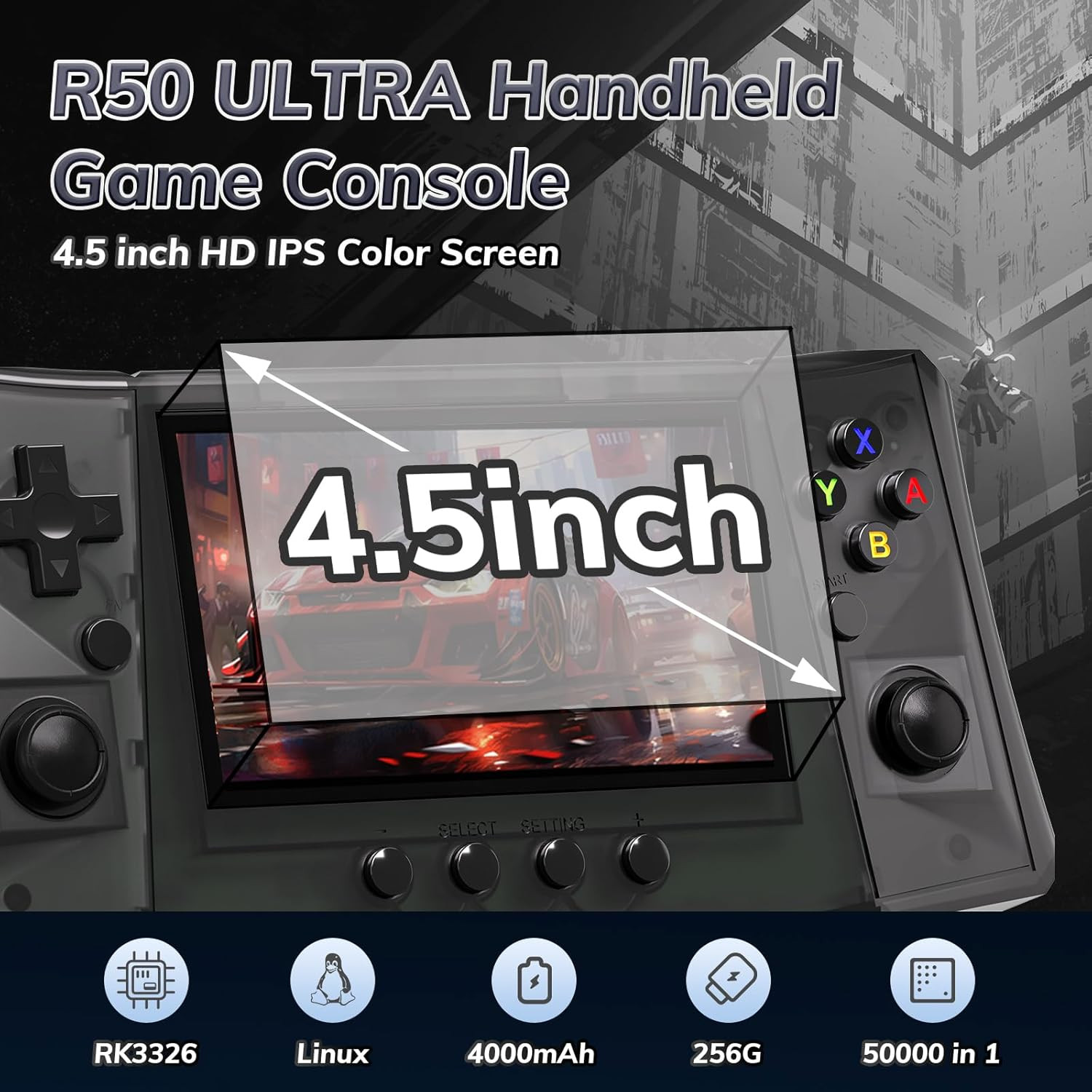 【50000 in 1】 R50 Ultra Handheld Game Console 4.5 Inch IPS Screen Mini Retro Cons