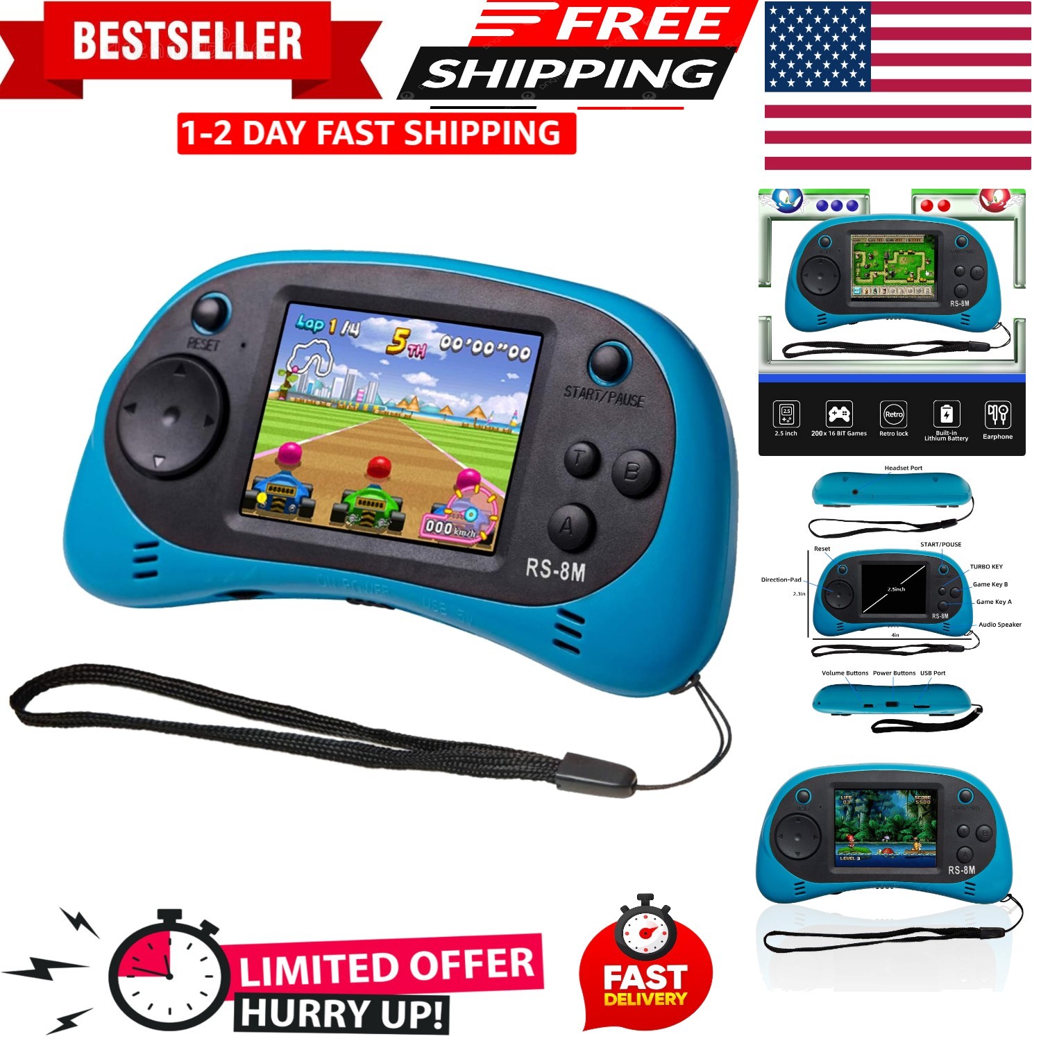 Kids Handheld Portable Video Game Player with 200 Games – 16 Bit 2.5 Inch Scr…