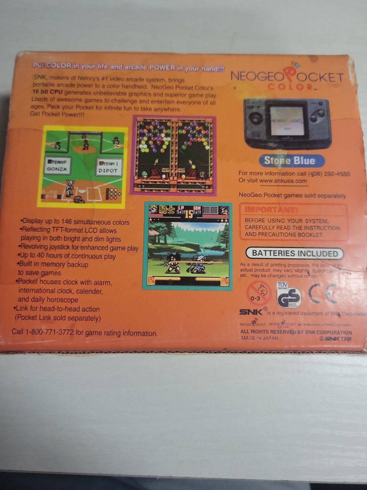 Neo Geo Pocket Color Console Stone Blue Handheld System Open Box