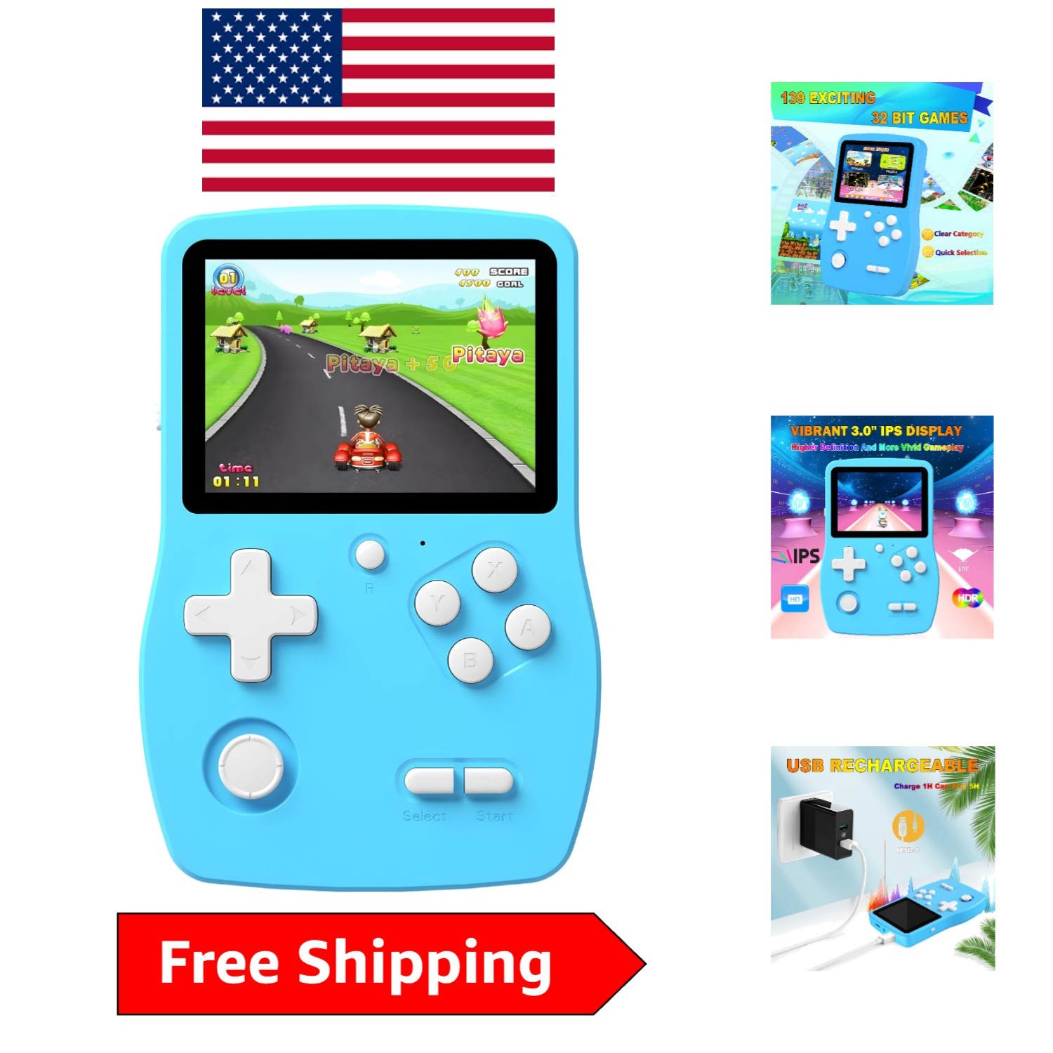 Mini Handheld Video Game Console Blue – 139 Preloaded 32-Bit Games for Kids
