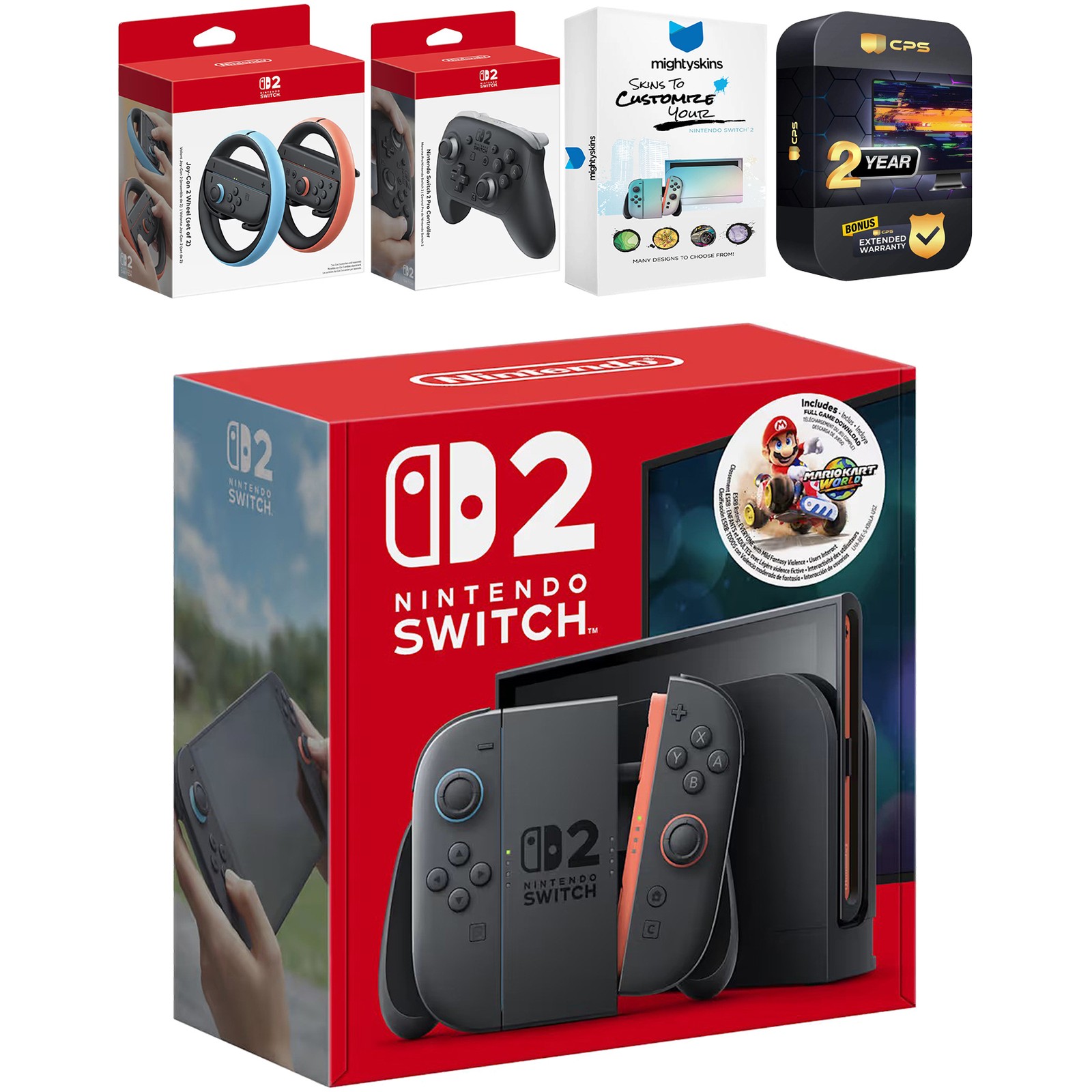 Nintendo Switch 2 Mario Kart Bundle, Pro Controller, Joy Con Wheel, MightySkins