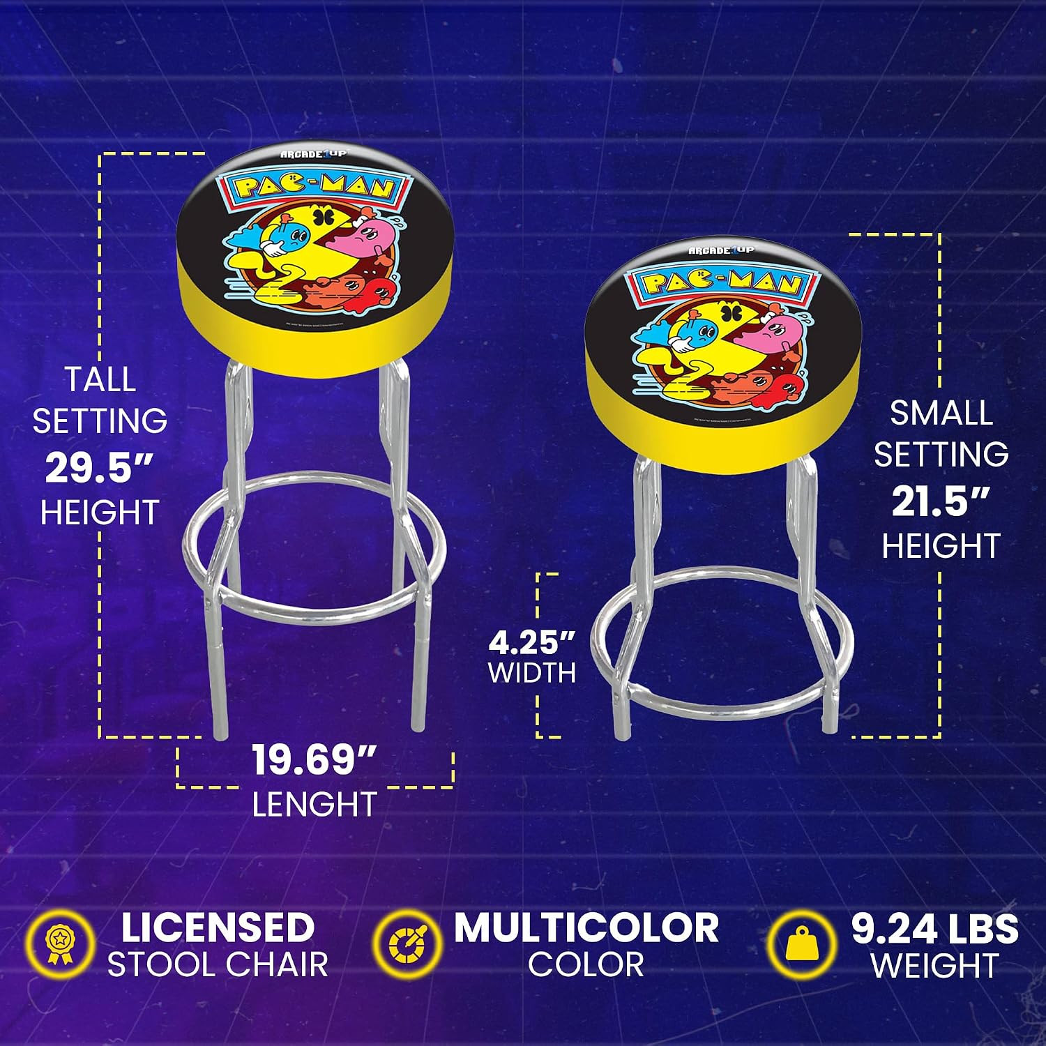 Arcade1Up Adjustable Padded Arcade Game Stool, Steel Frame, Pac-Man, 21.5″ to 29