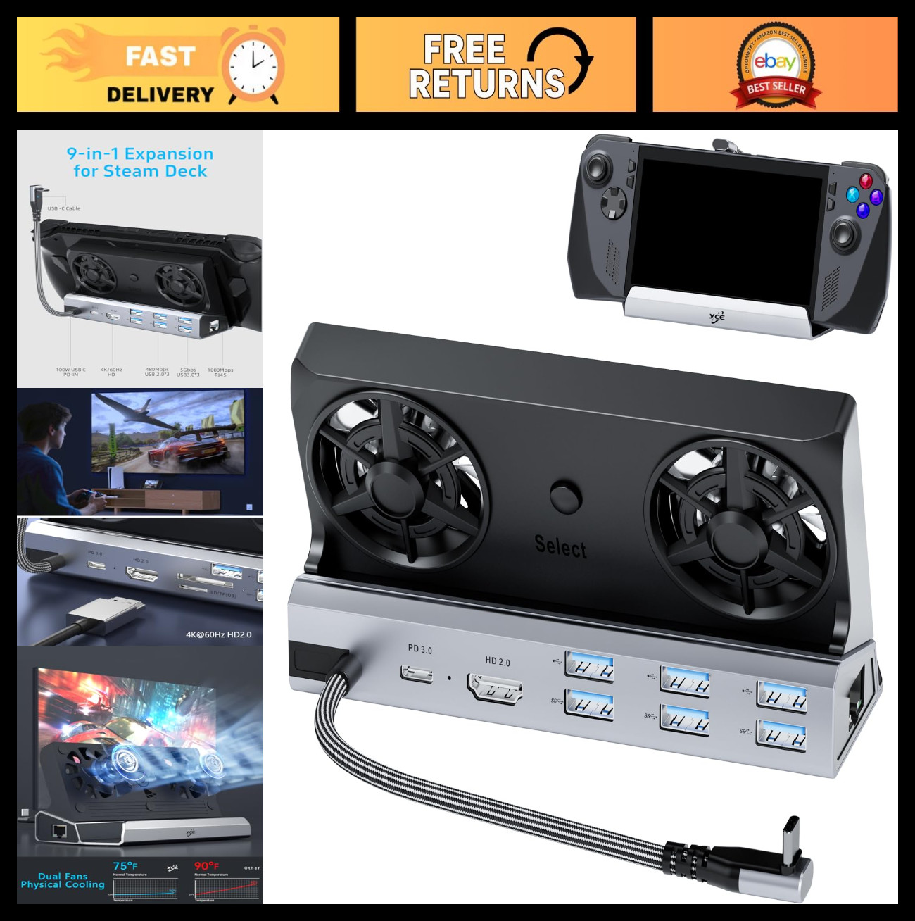 12-in-1 Steam Deck Dock with Dual Cooling Fans, 4K@60Hz, 6 USB Ports, 100W PD