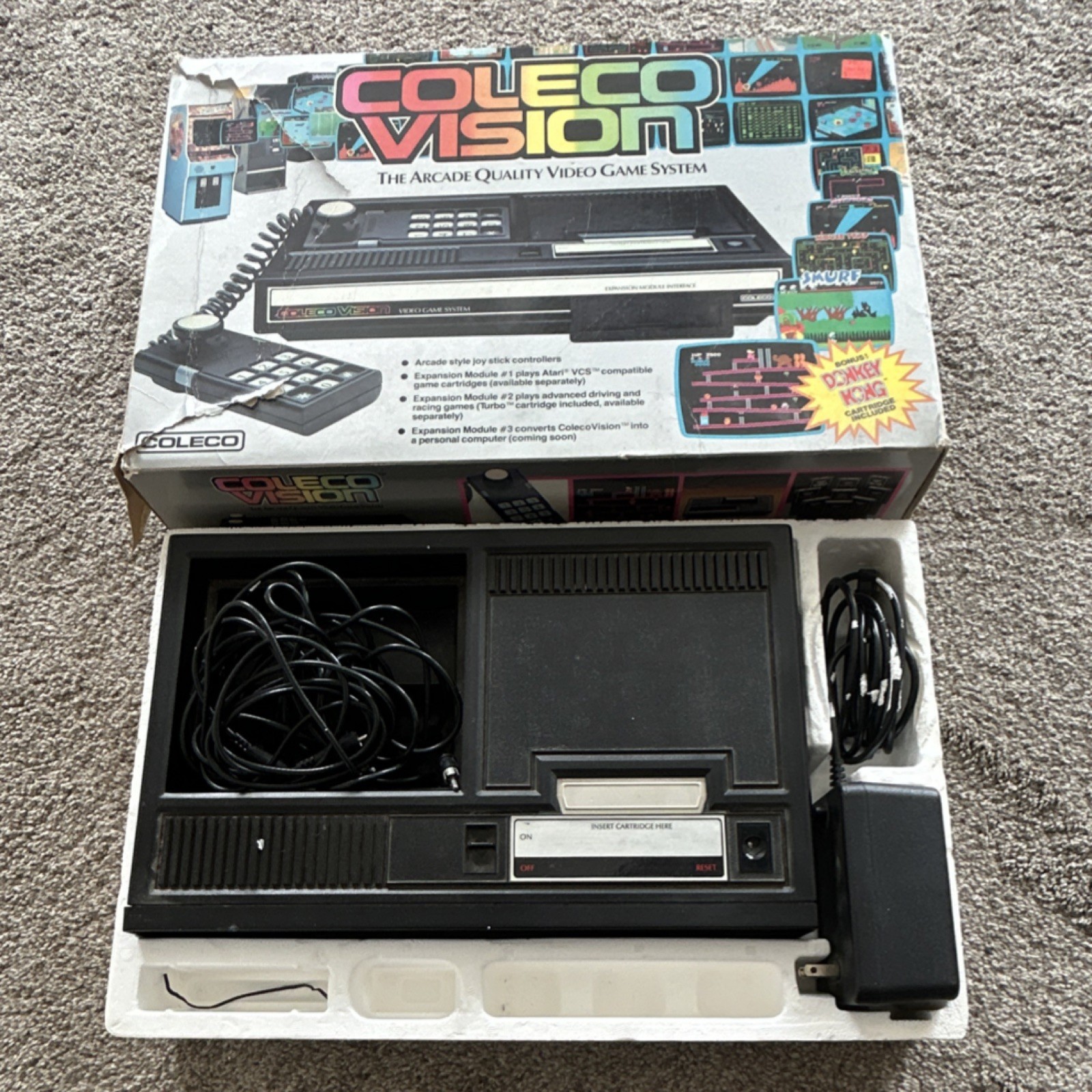 Coleco ColecoVision Console 2400 w/ Box, Power Adapter & 7 Game Cartridges