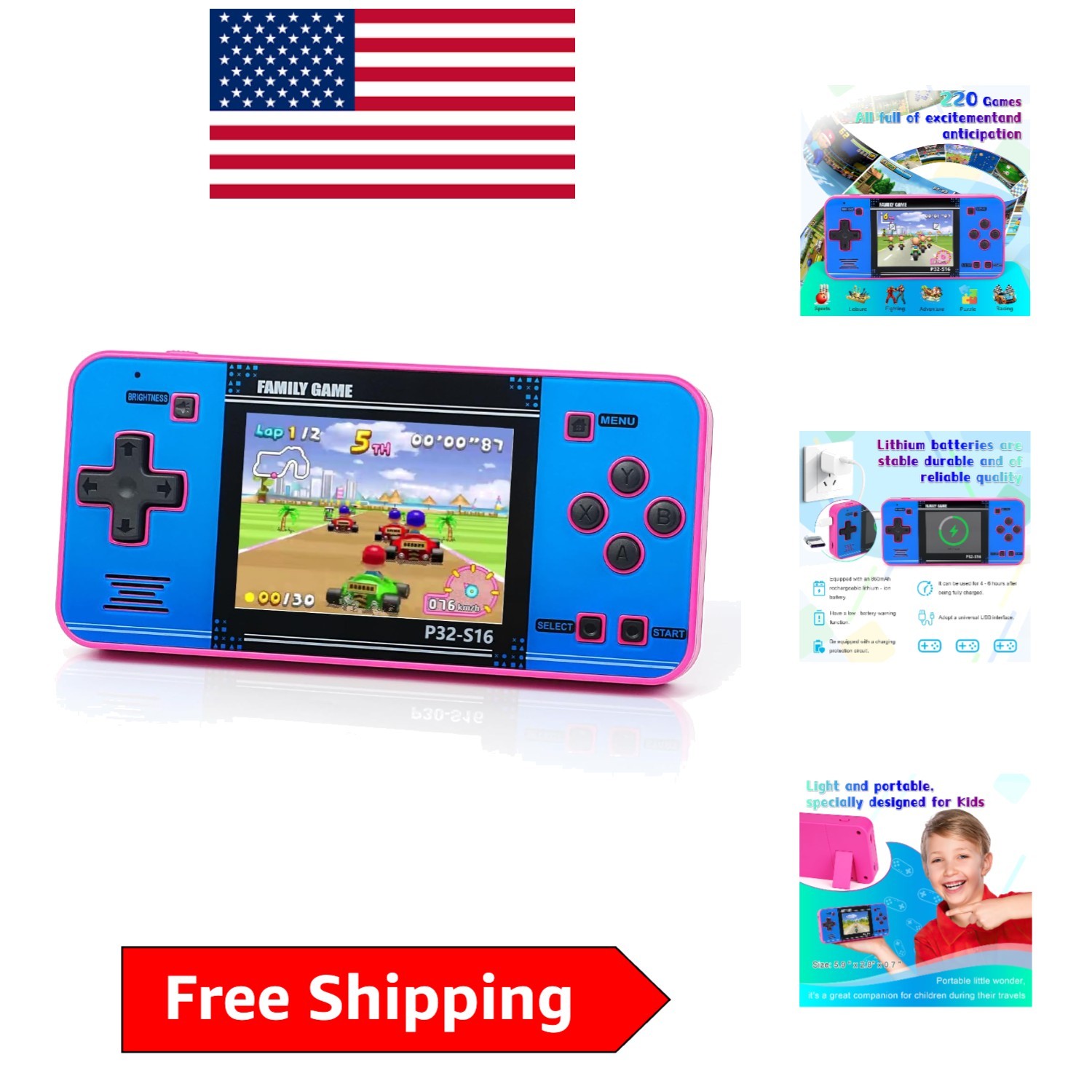 Portable Handheld Game for Kids – 220 Built-In Games, Pink & Blue Design