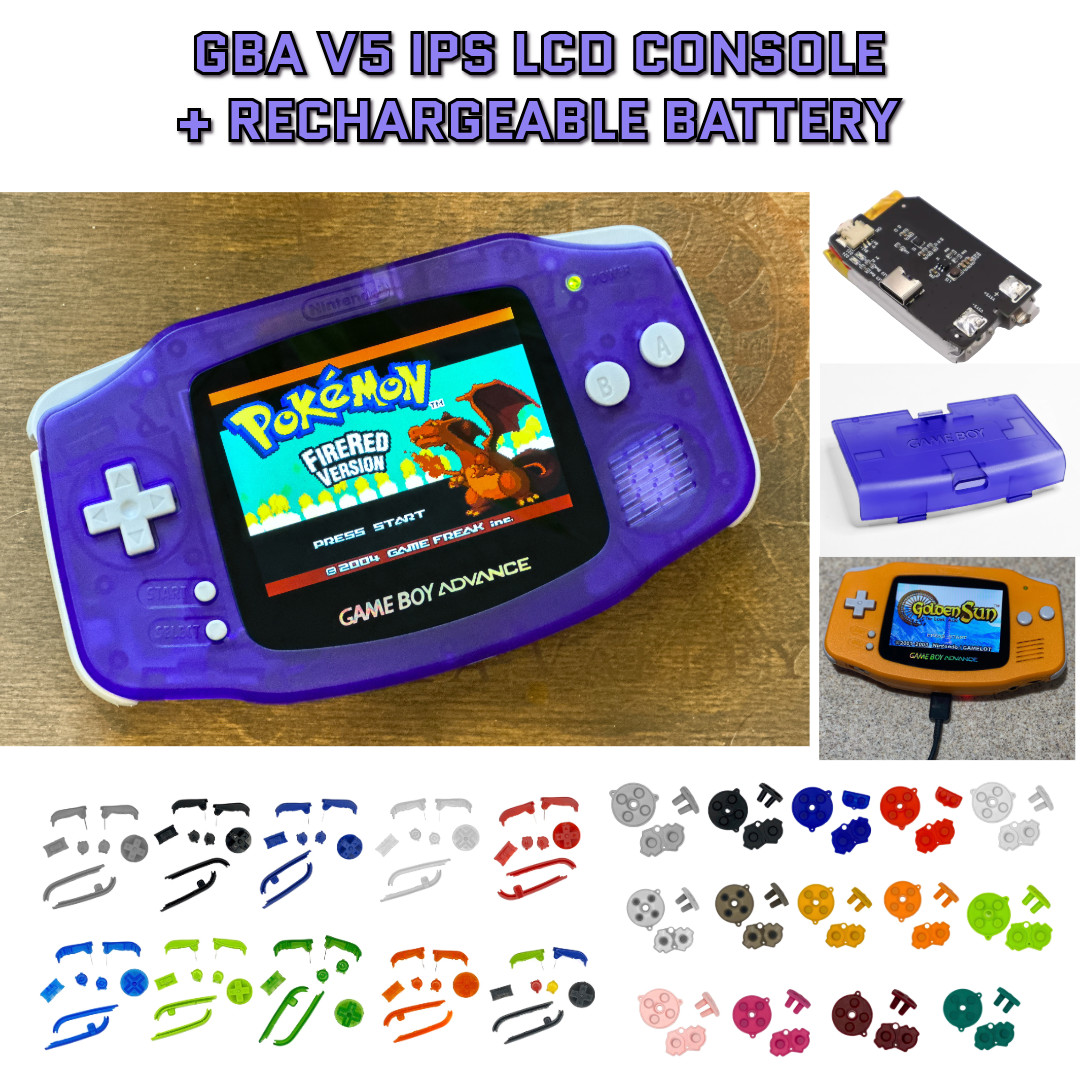 Nintendo Game Boy Advance GBA V5 IPS LCD CLEAR PURPLE USB-C Rechargeable Battery