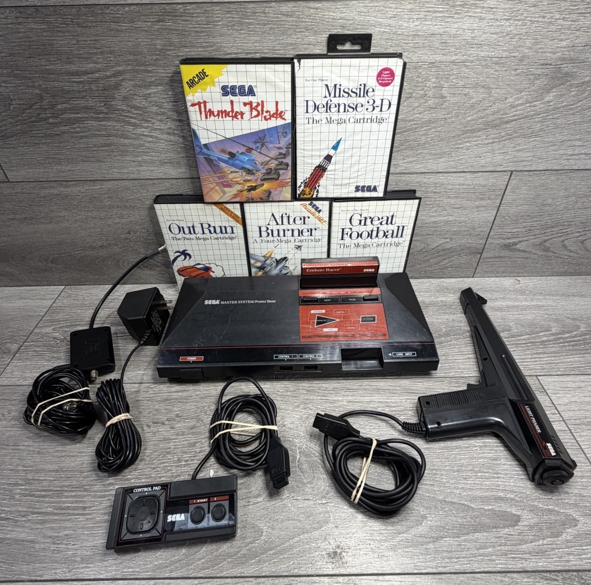 Sega Master System Power Base Console + Controller AC & RF + 6 Games Bundle Lot