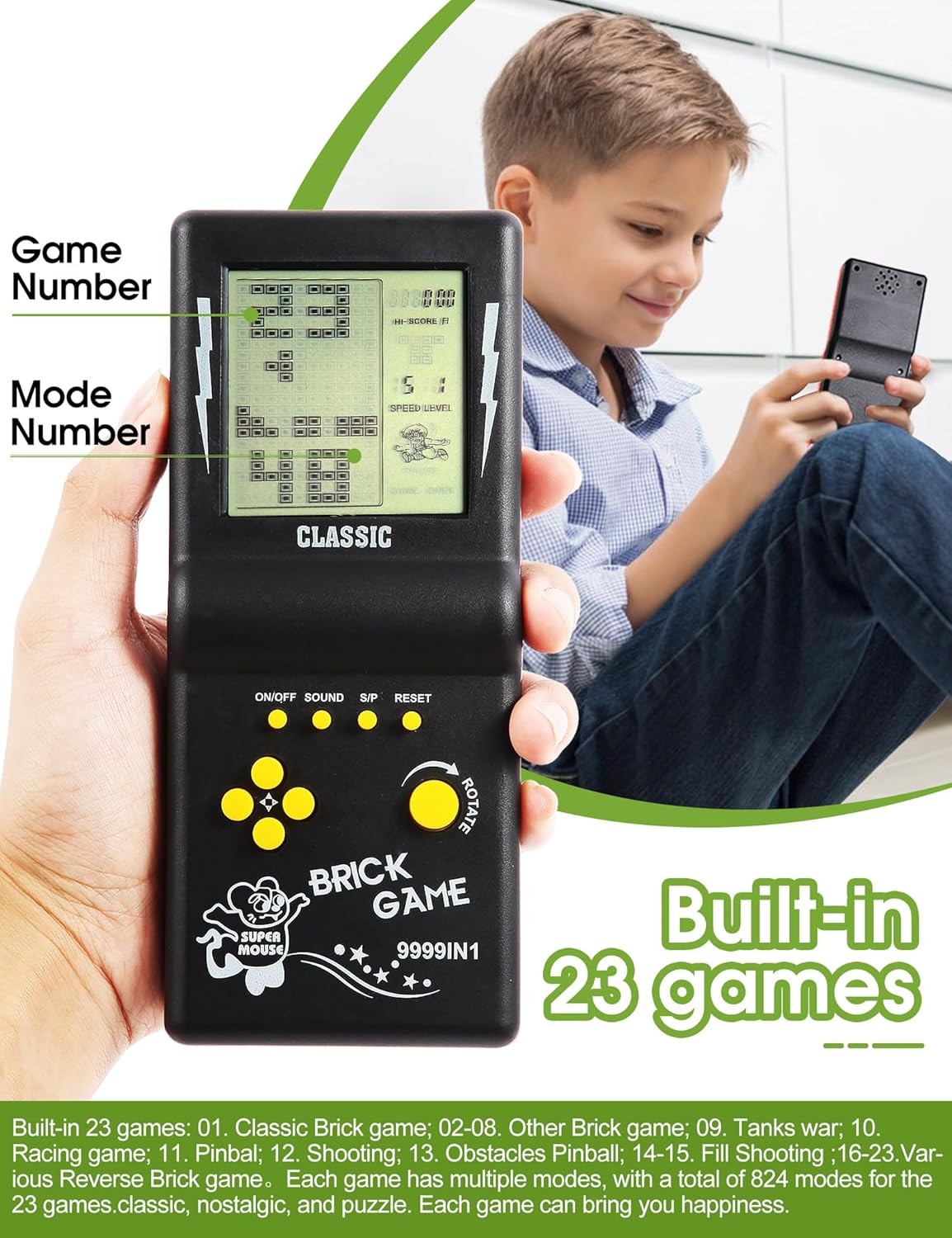 HLF 3.5 Inch Retro Brick Game Console 23 Classic Black