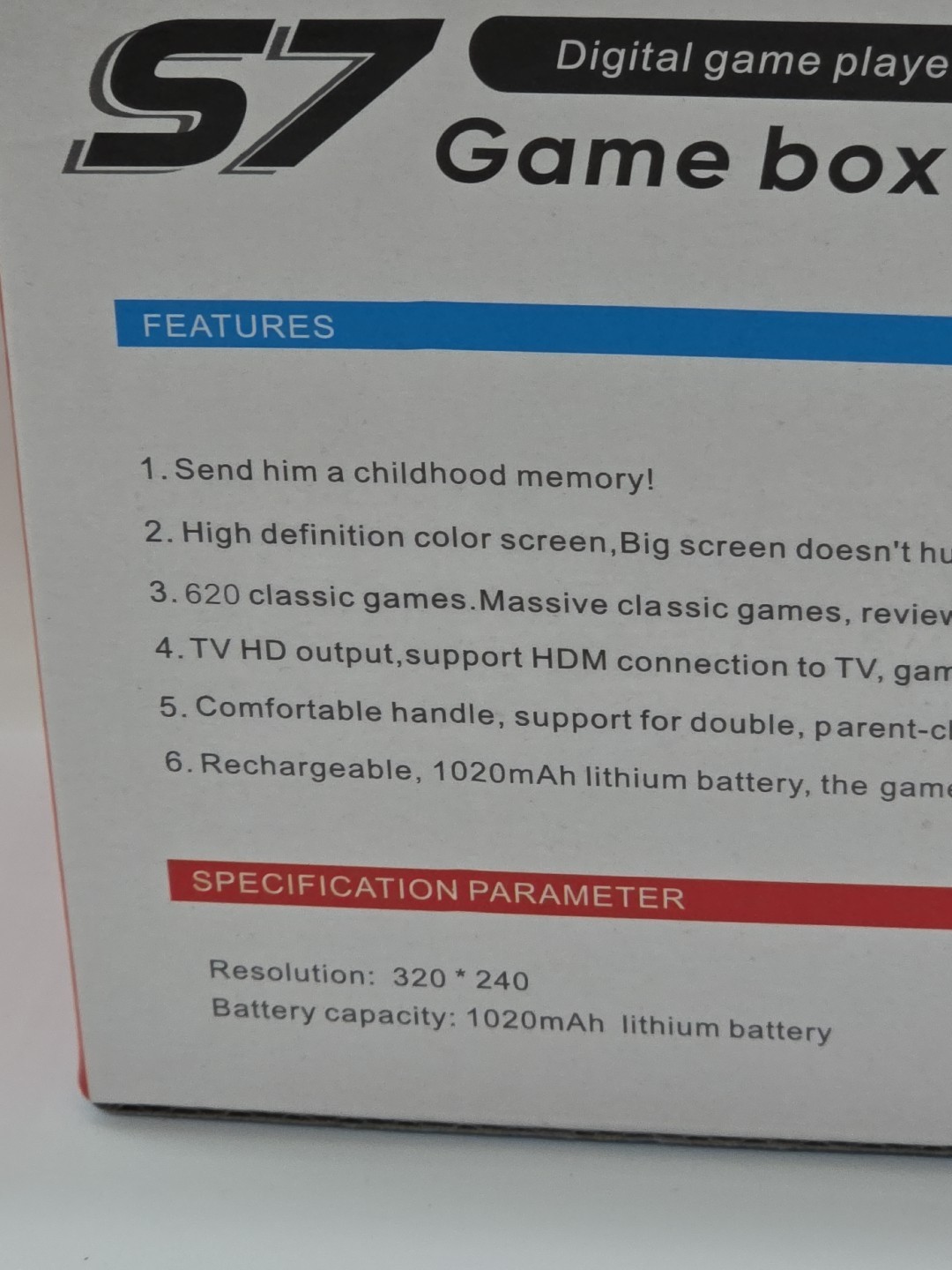Game box S7 Handheld System White Black Rechargeable HD Output 320×240 Screen