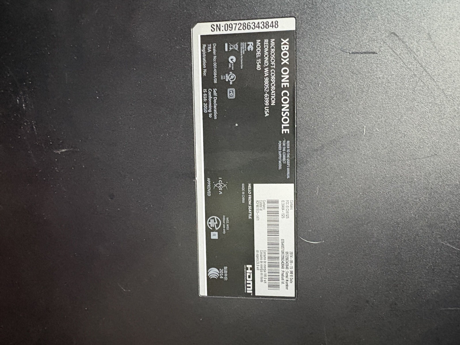 MICROSOFT XBOX ONE GAMING CONSOLE | 1540 | 500GB | BLACK | NO POWER CABLE/ PARTS