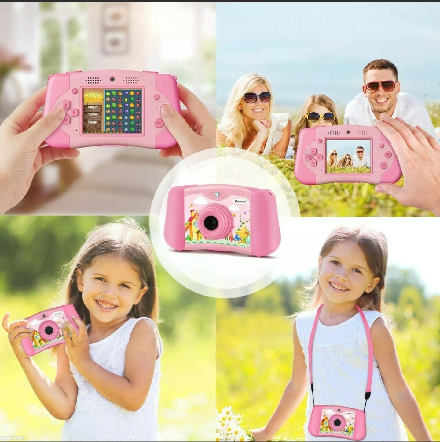PROGRACE Kids Camera Portable Handheld Console Game for Toddler 4-12 – Pink.