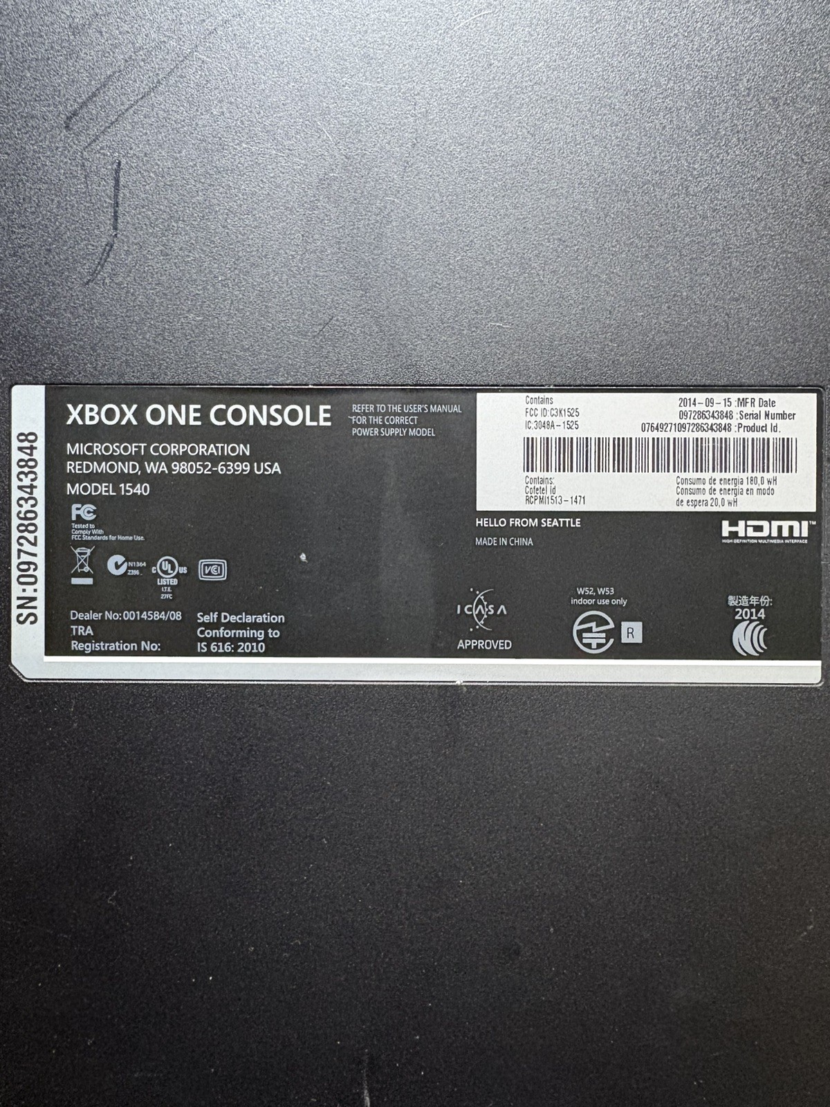 MICROSOFT XBOX ONE GAMING CONSOLE | 1540 | 500GB | BLACK | NO POWER CABLE/ PARTS