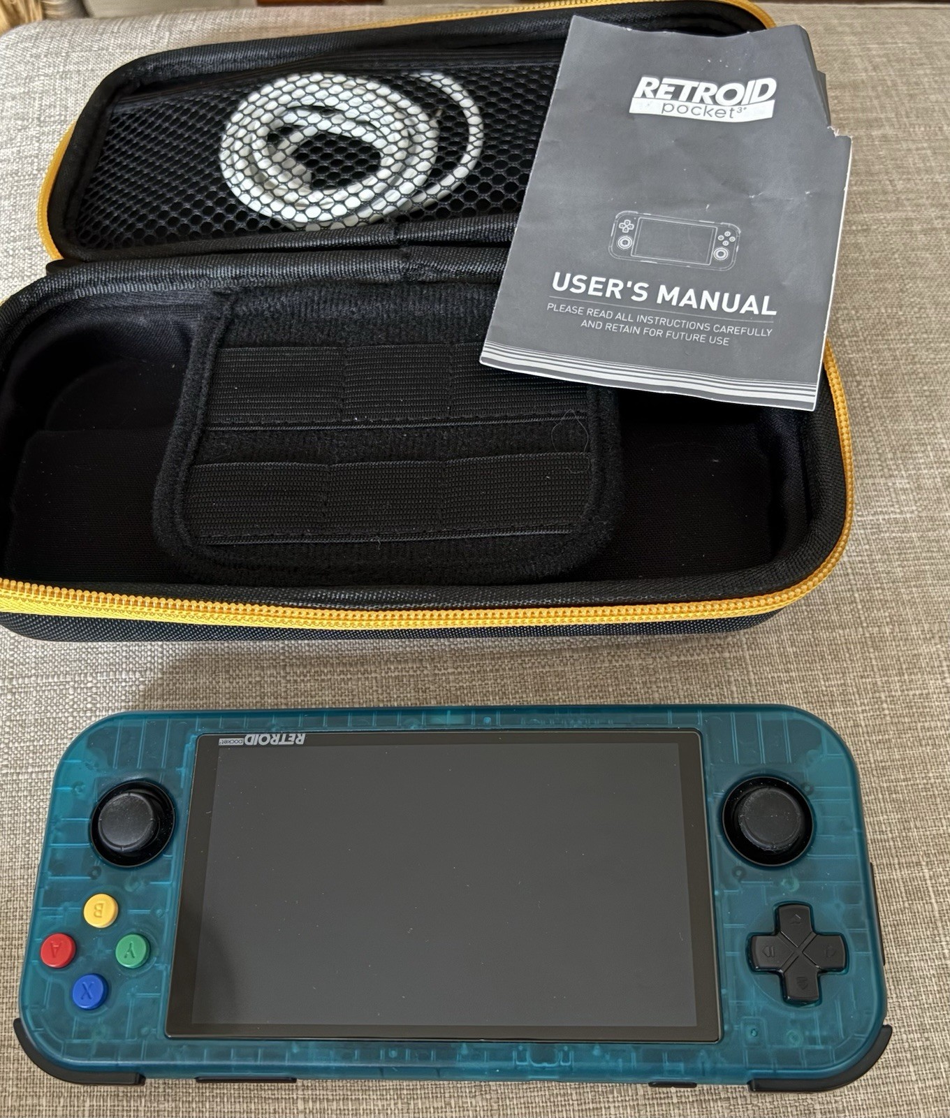 Retroid Pocket 3+ Handheld Gaming Console Complete Transparent Teal-Blue w/Case