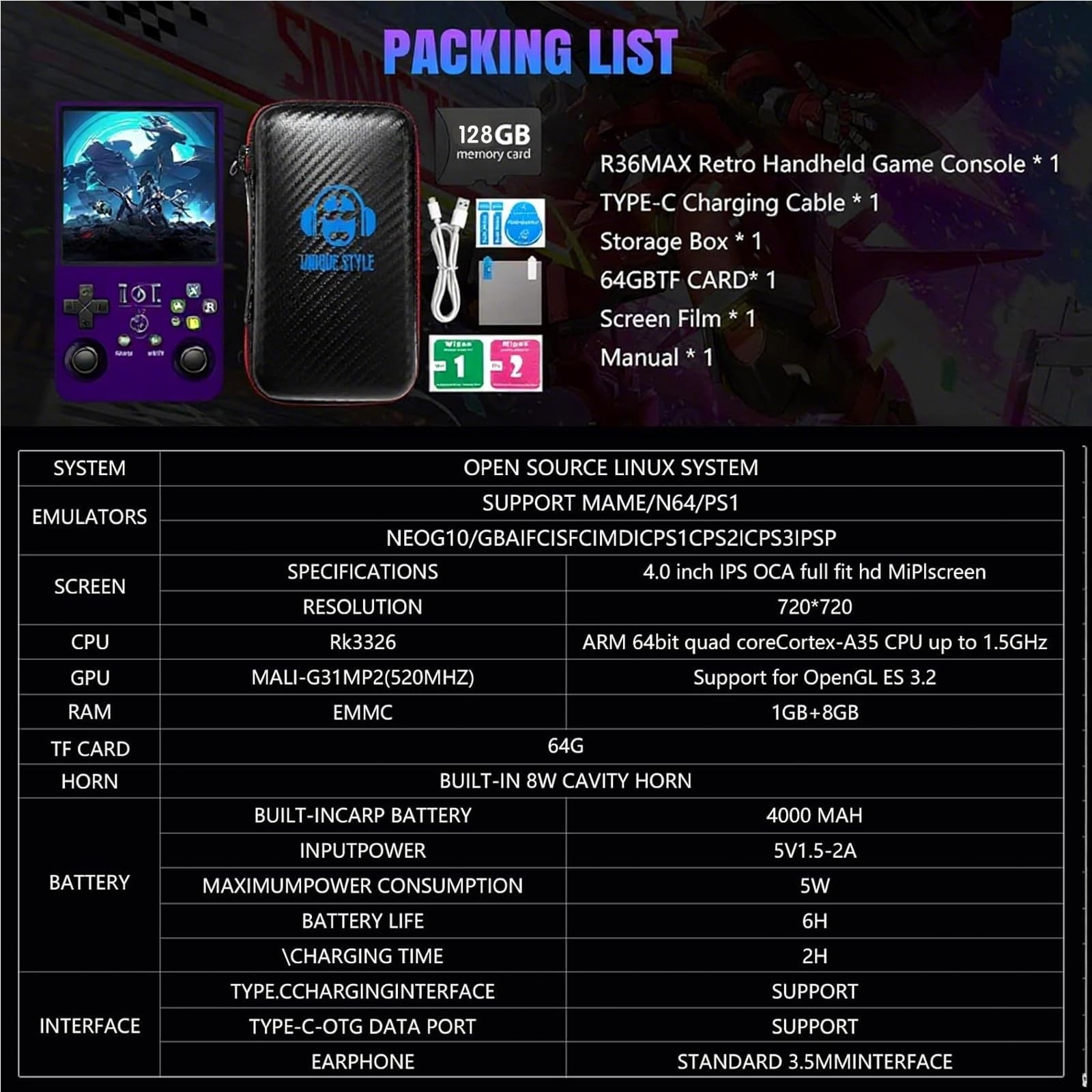 R36MAX Handheld Game Console,Gaming Console with 18000+ Games 128GB Card,4 In…